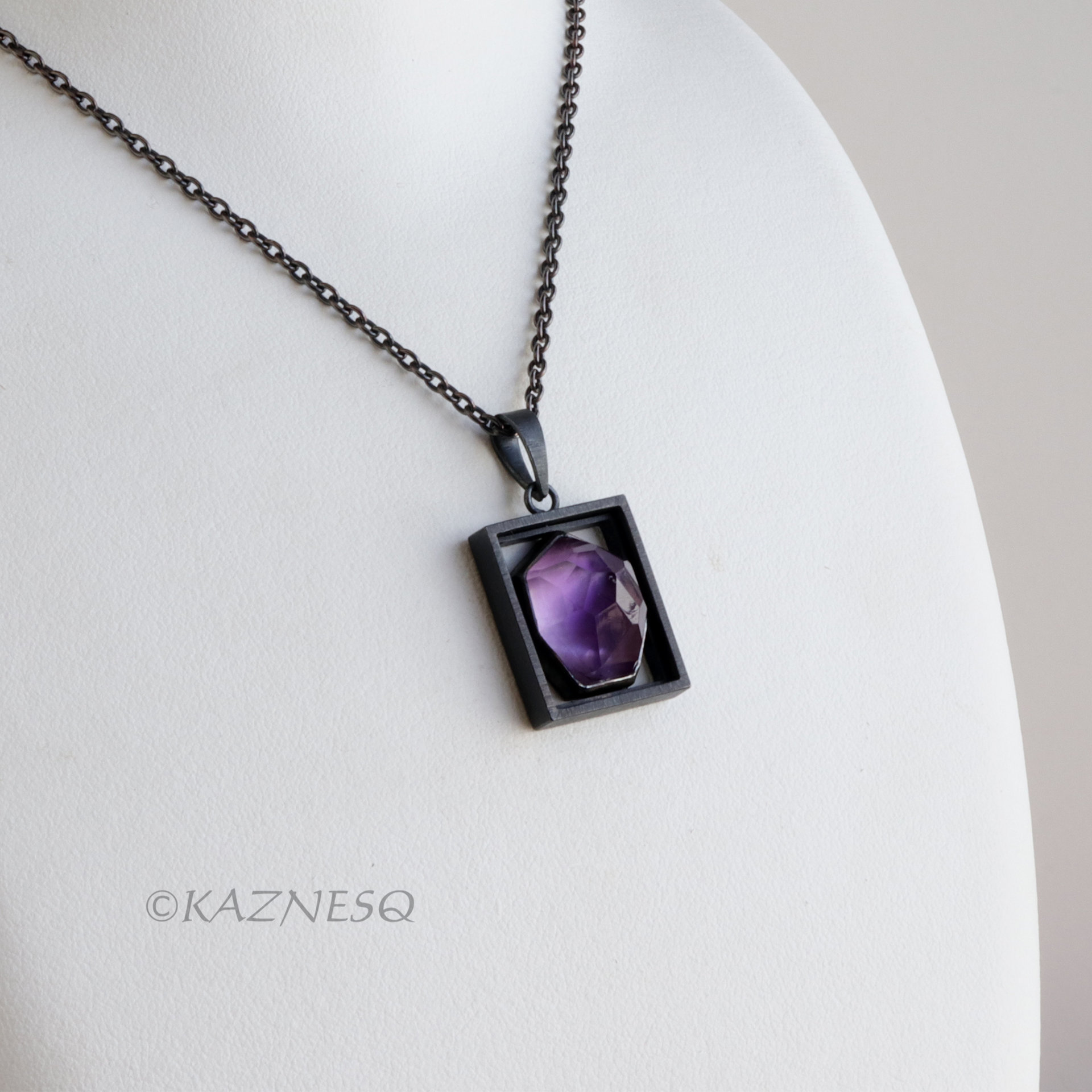 (C) KAZNESQ: Amethyst Mother of pearl oxidized silver rectangle pendant necklace