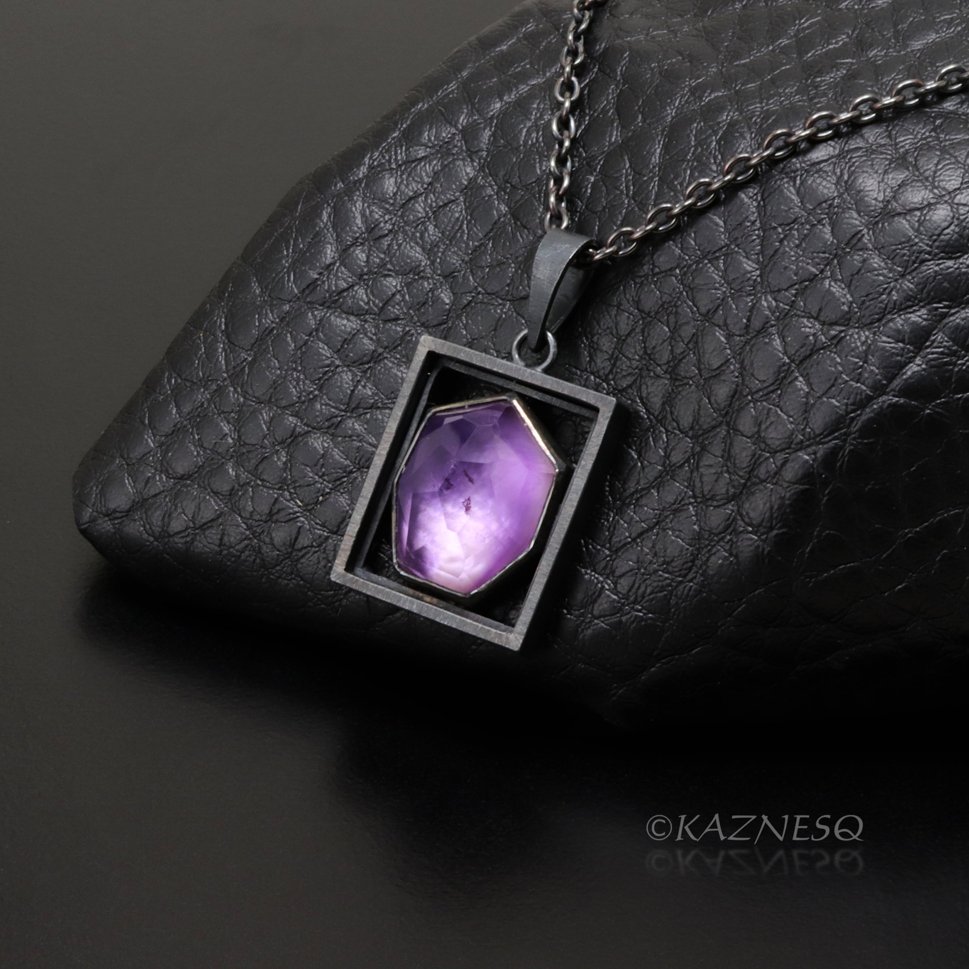 (C) KAZNESQ: Amethyst Mother of pearl oxidized silver rectangle pendant necklace