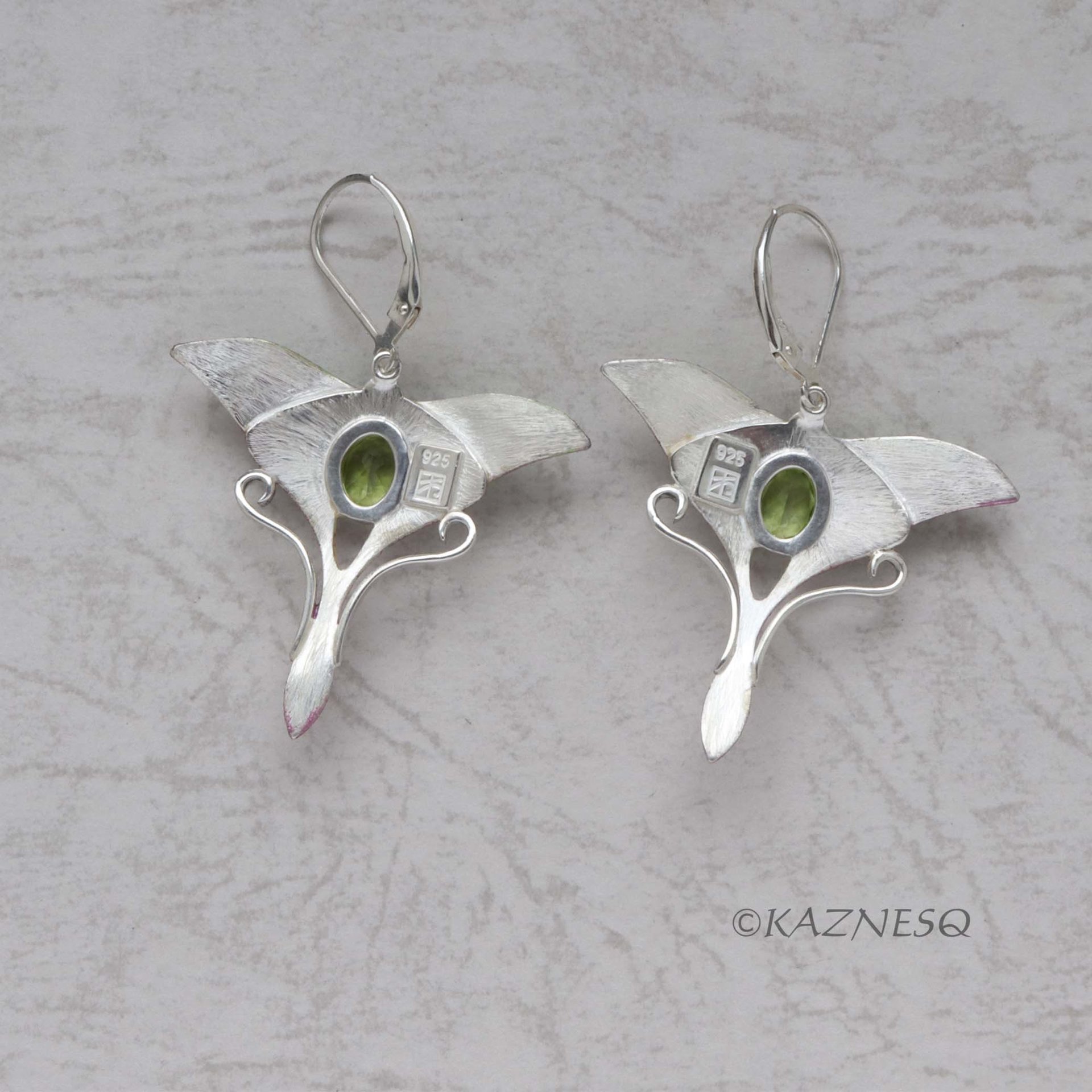 (C) KAZNESQ: peridot silver green moon moth earrings