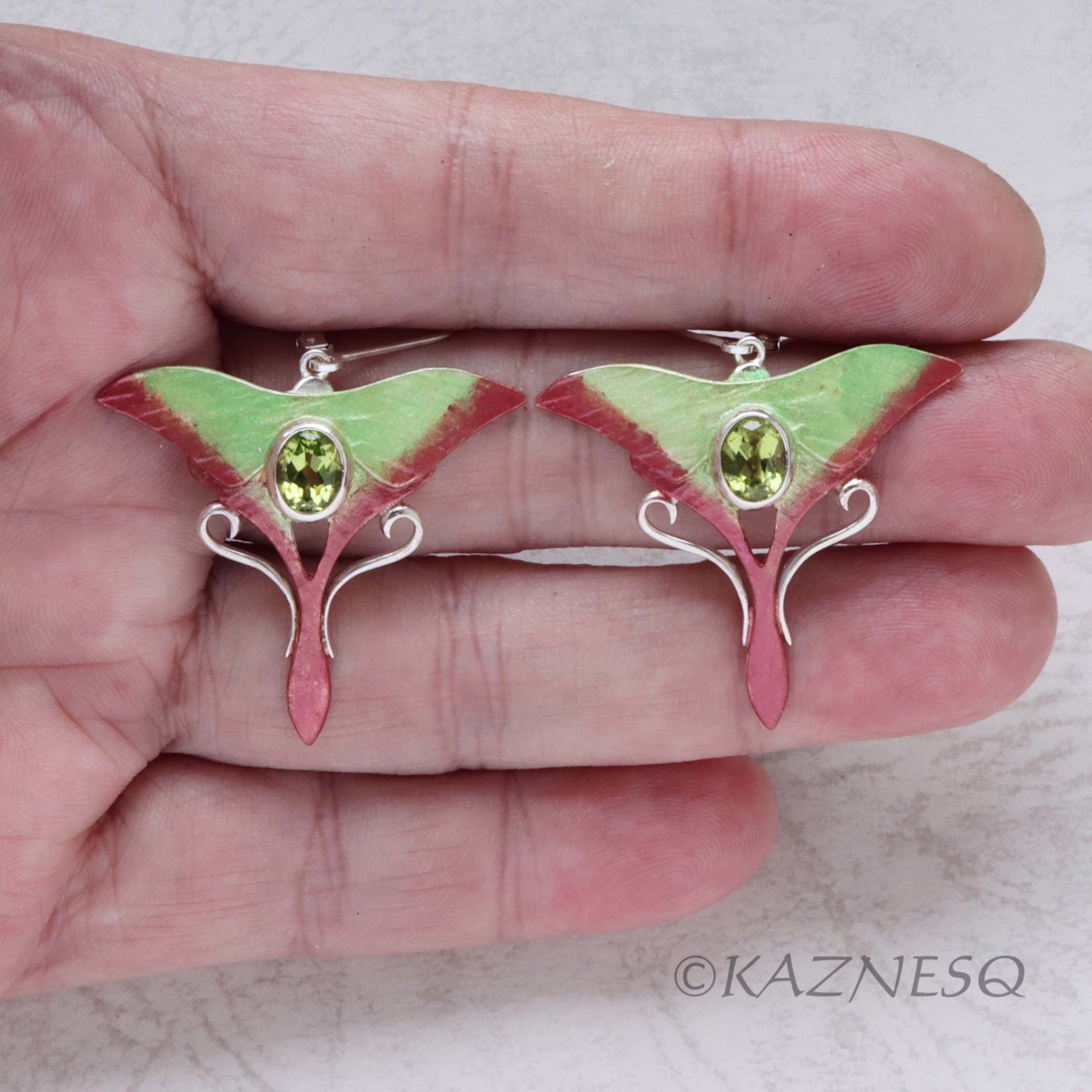 (C) KAZNESQ: peridot silver green moon moth earrings