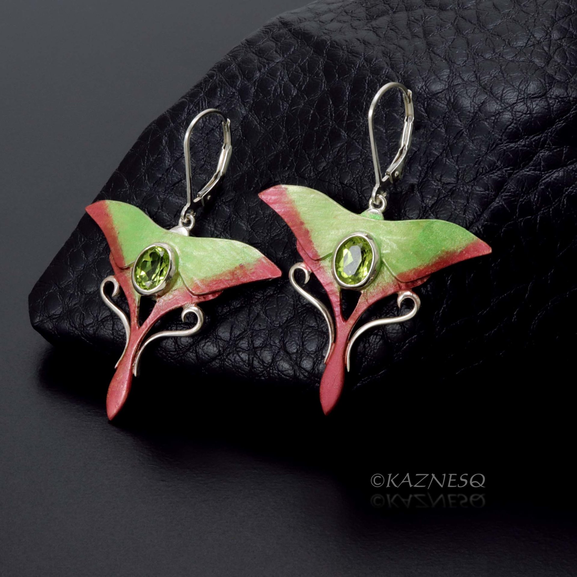 (C) KAZNESQ: peridot silver green moon moth earrings