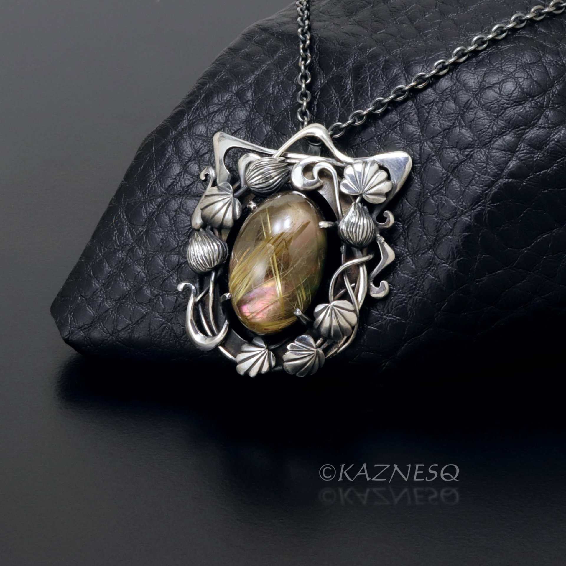 (C) KAZNESQ: Rutilated Quartz with Mother of Pearl Oxidized Silver decorated Fra