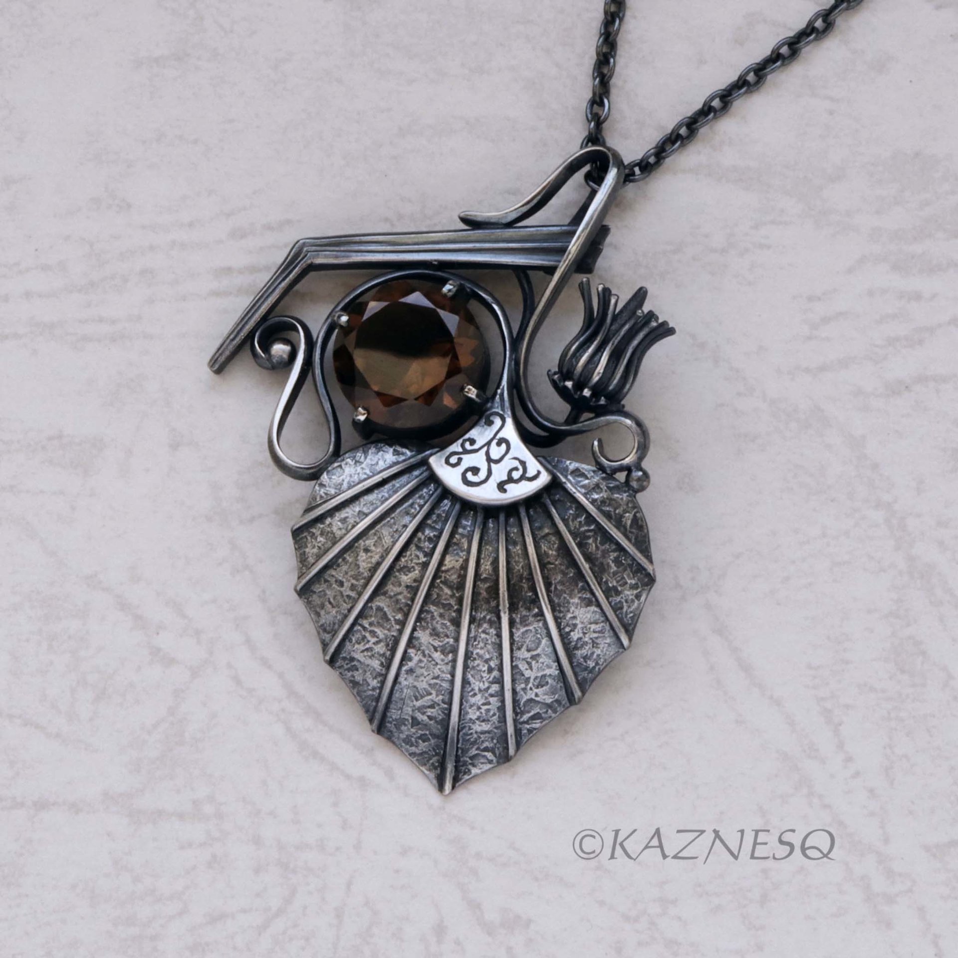 (C) KAZNESQ: Goth style Leaf and Bud motif Smoky Quartz Oxidized Silver Pendant