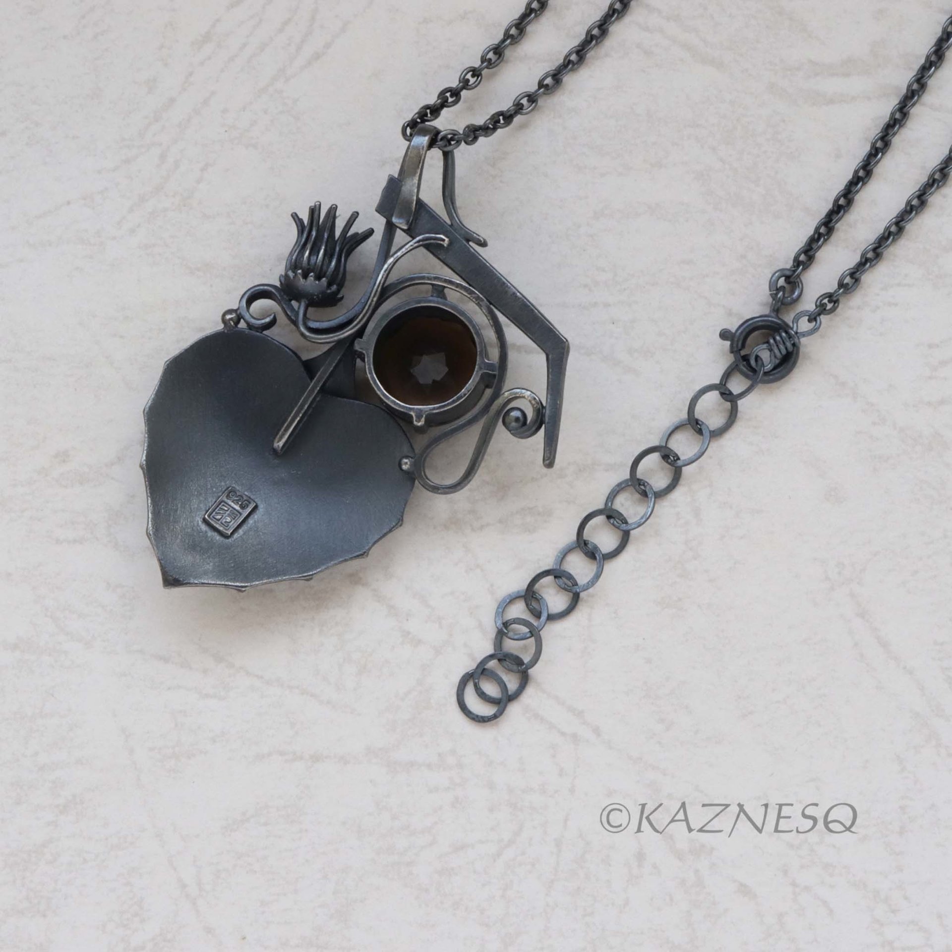 (C) KAZNESQ: Goth style Leaf and Bud motif Smoky Quartz Oxidized Silver Pendant