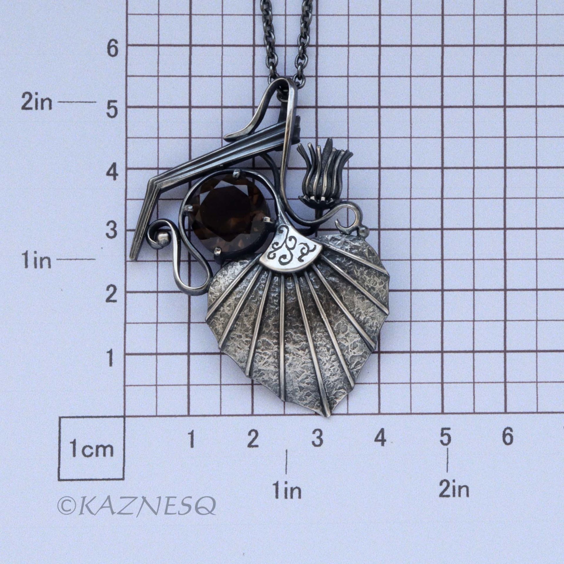(C) KAZNESQ: Goth style Leaf and Bud motif Smoky Quartz Oxidized Silver Pendant