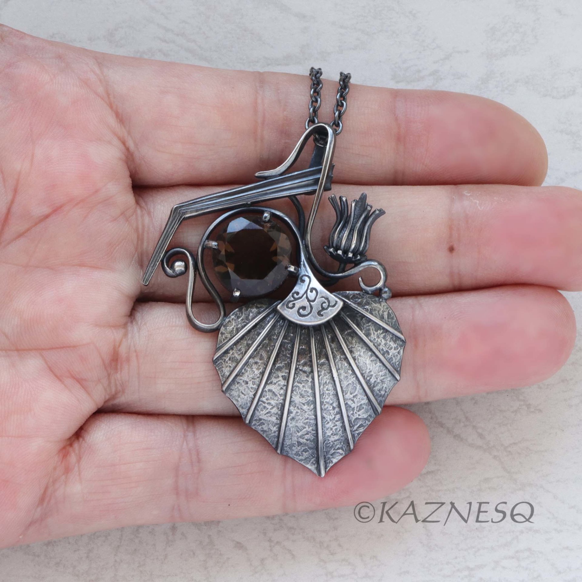 (C) KAZNESQ: Goth style Leaf and Bud motif Smoky Quartz Oxidized Silver Pendant