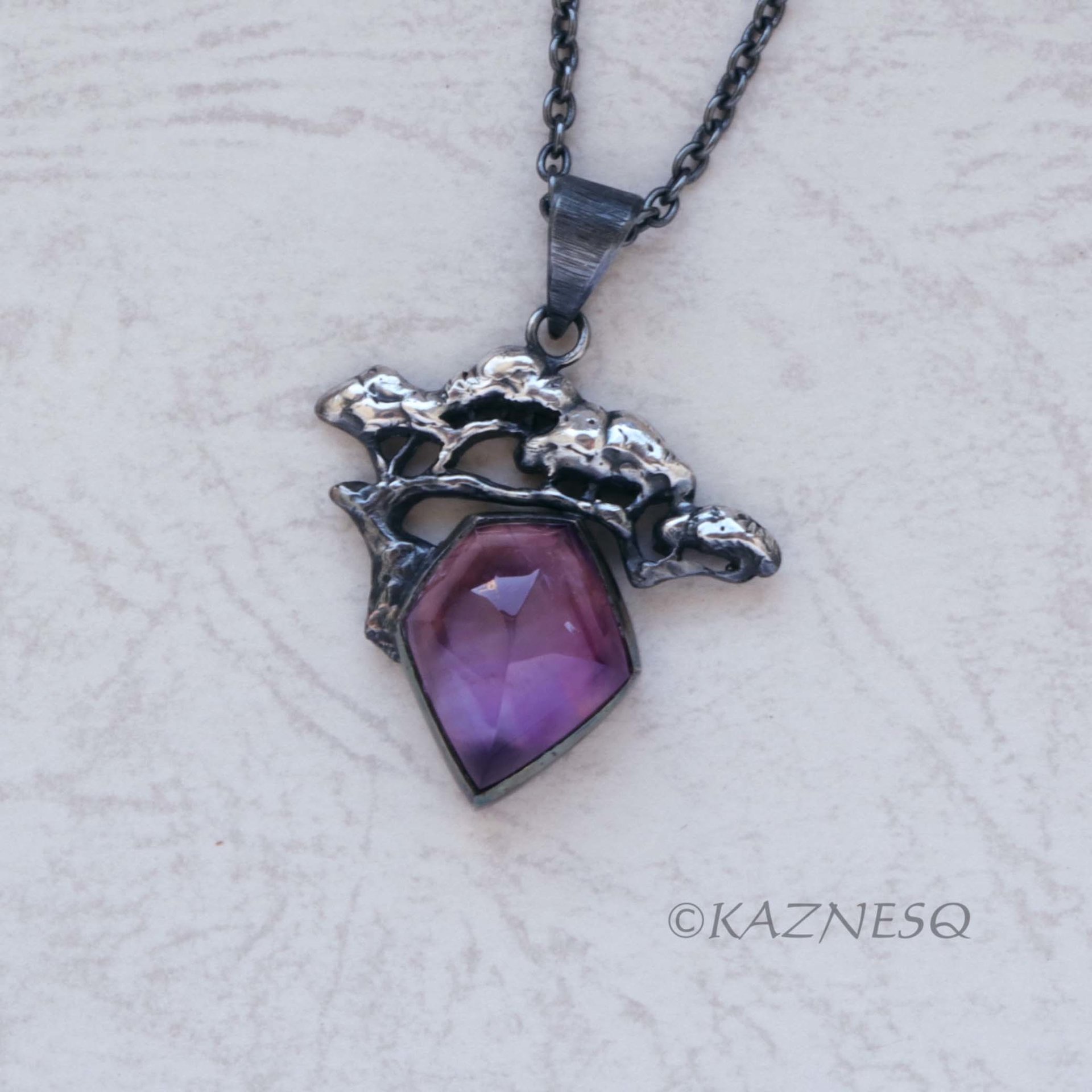(C) KAZNESQ: Pine Tree Bonsai motif amethyst and MOP Oxidized Silver Pendant Nec