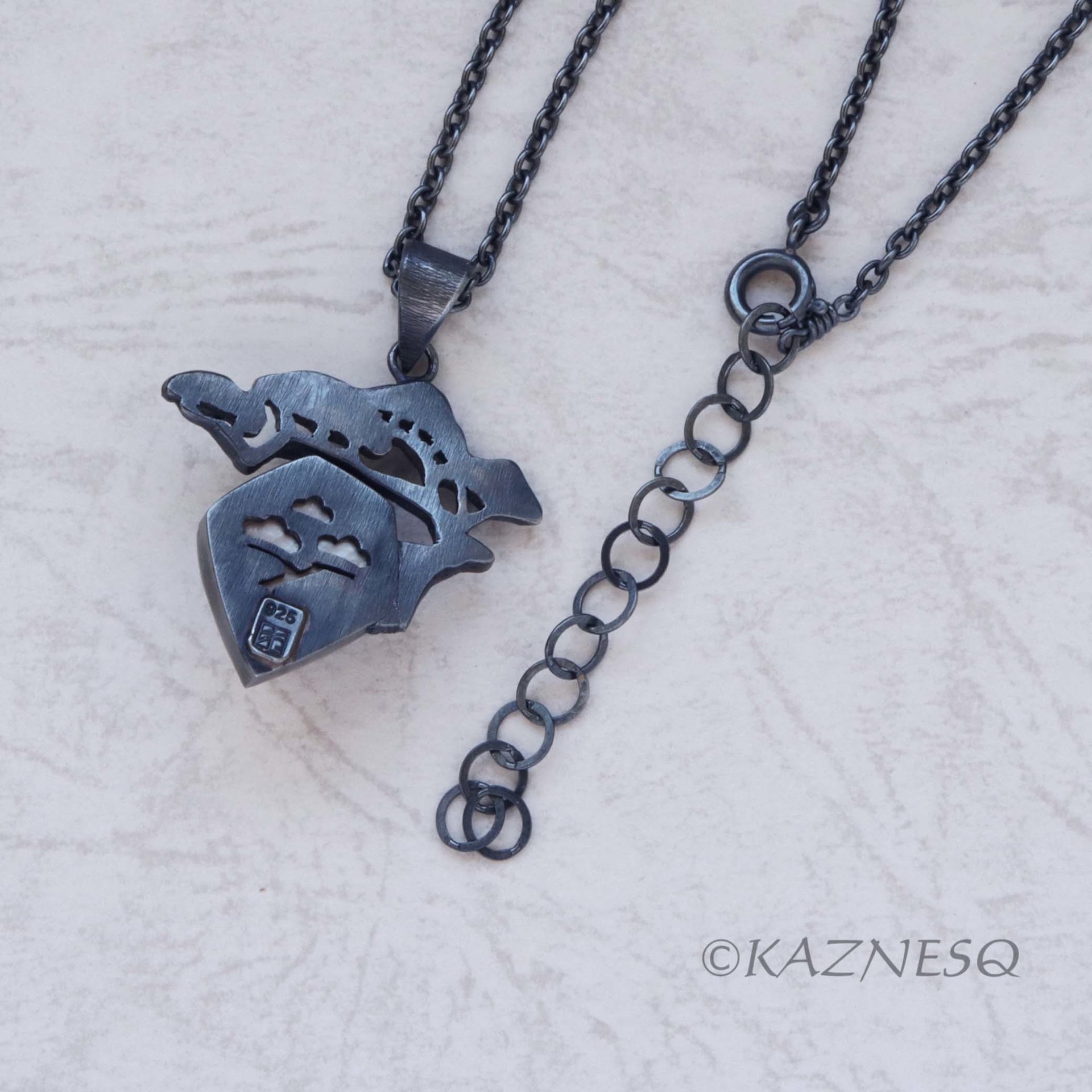 (C) KAZNESQ: Pine Tree Bonsai motif amethyst and MOP Oxidized Silver Pendant Nec