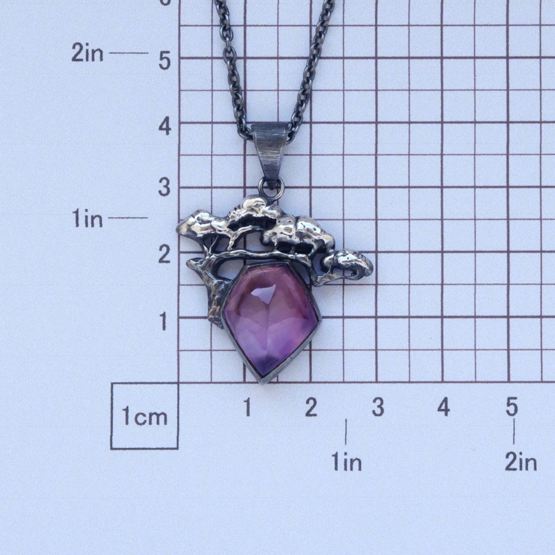(C) KAZNESQ: Pine Tree Bonsai motif amethyst and MOP Oxidized Silver Pendant Nec