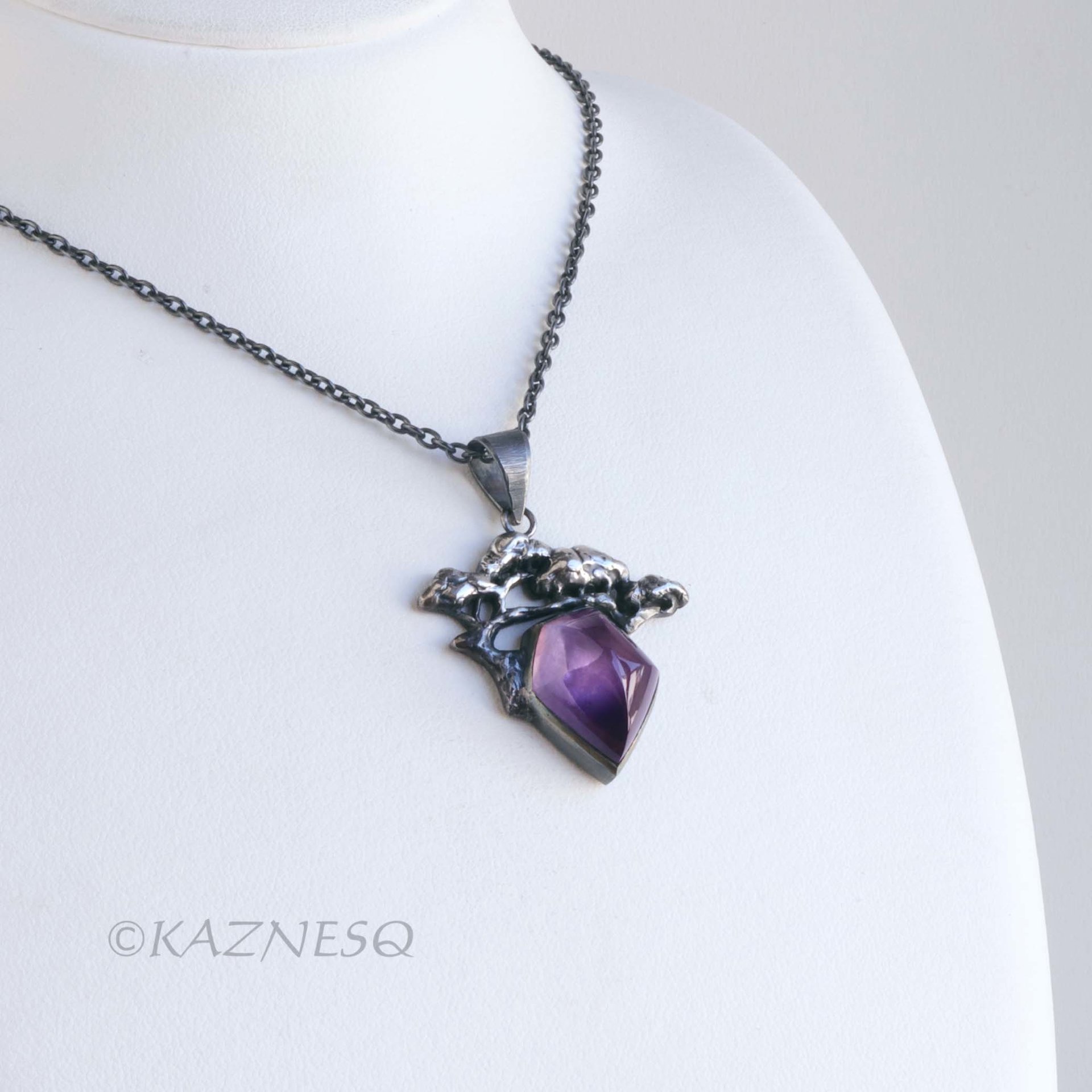 (C) KAZNESQ: Pine Tree Bonsai motif amethyst and MOP Oxidized Silver Pendant Nec