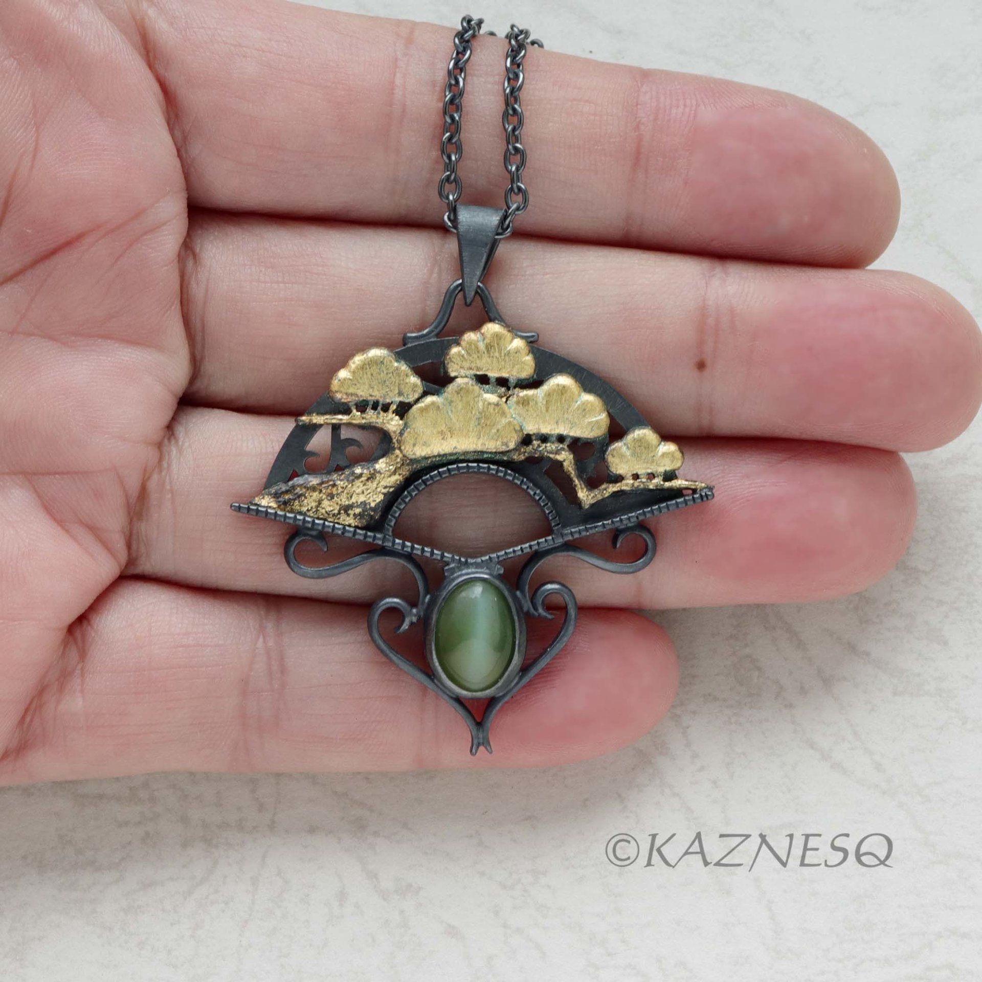 (C) KAZNESQ: Fan shape Pine Tree motif oxidized silver pendant necklace featurin