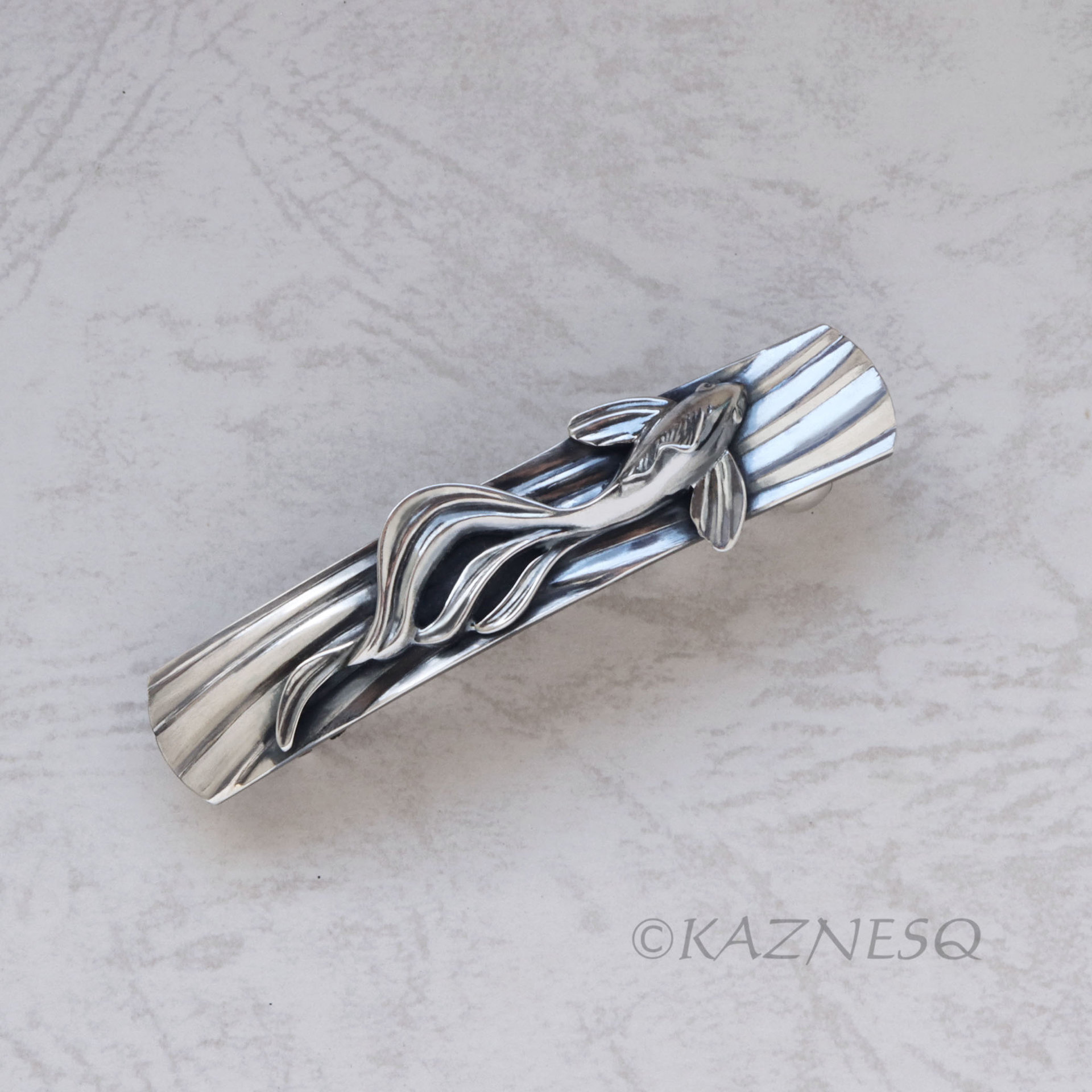 (C) KAZNESQ: Silver Barrette of sculptural KOI fish