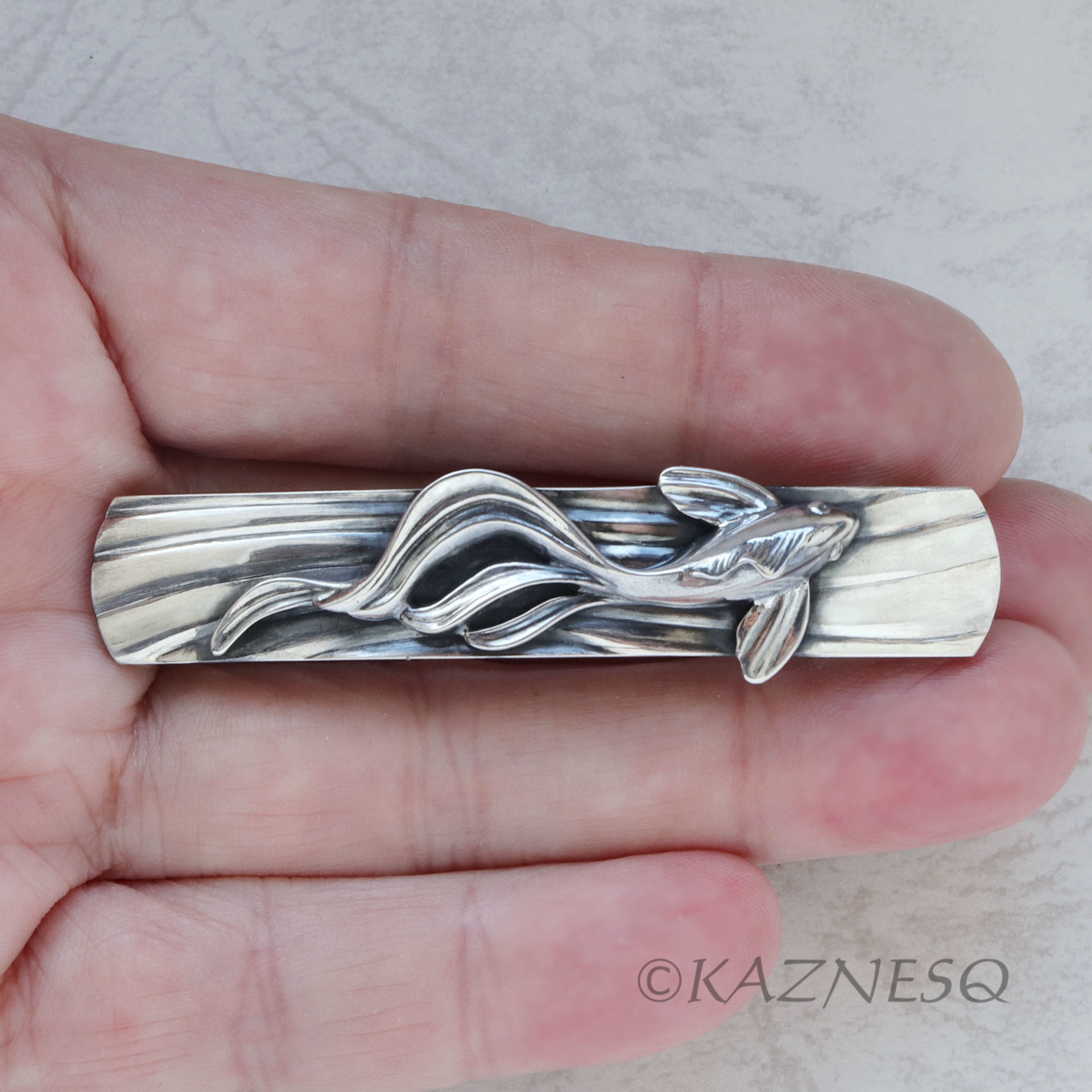 (C) KAZNESQ: Silver Barrette of sculptural KOI fish