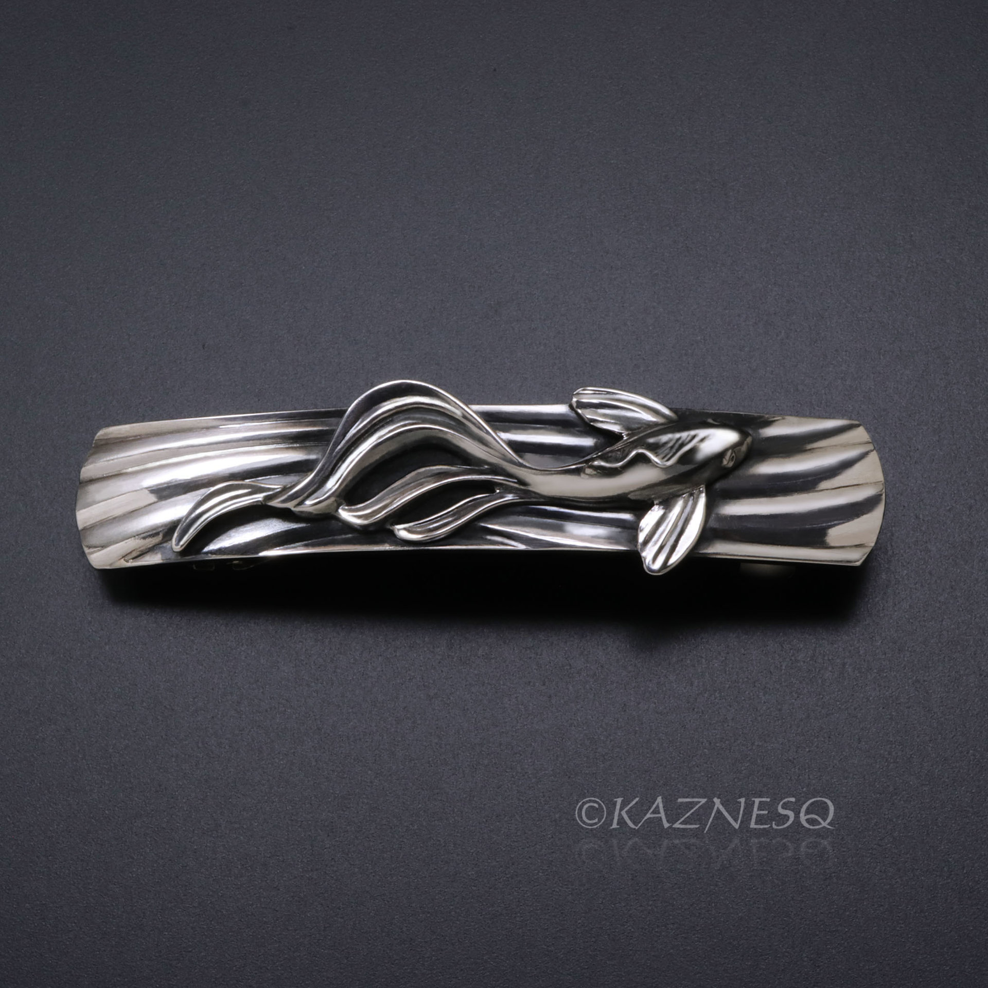 (C) KAZNESQ: Silver Barrette of sculptural KOI fish