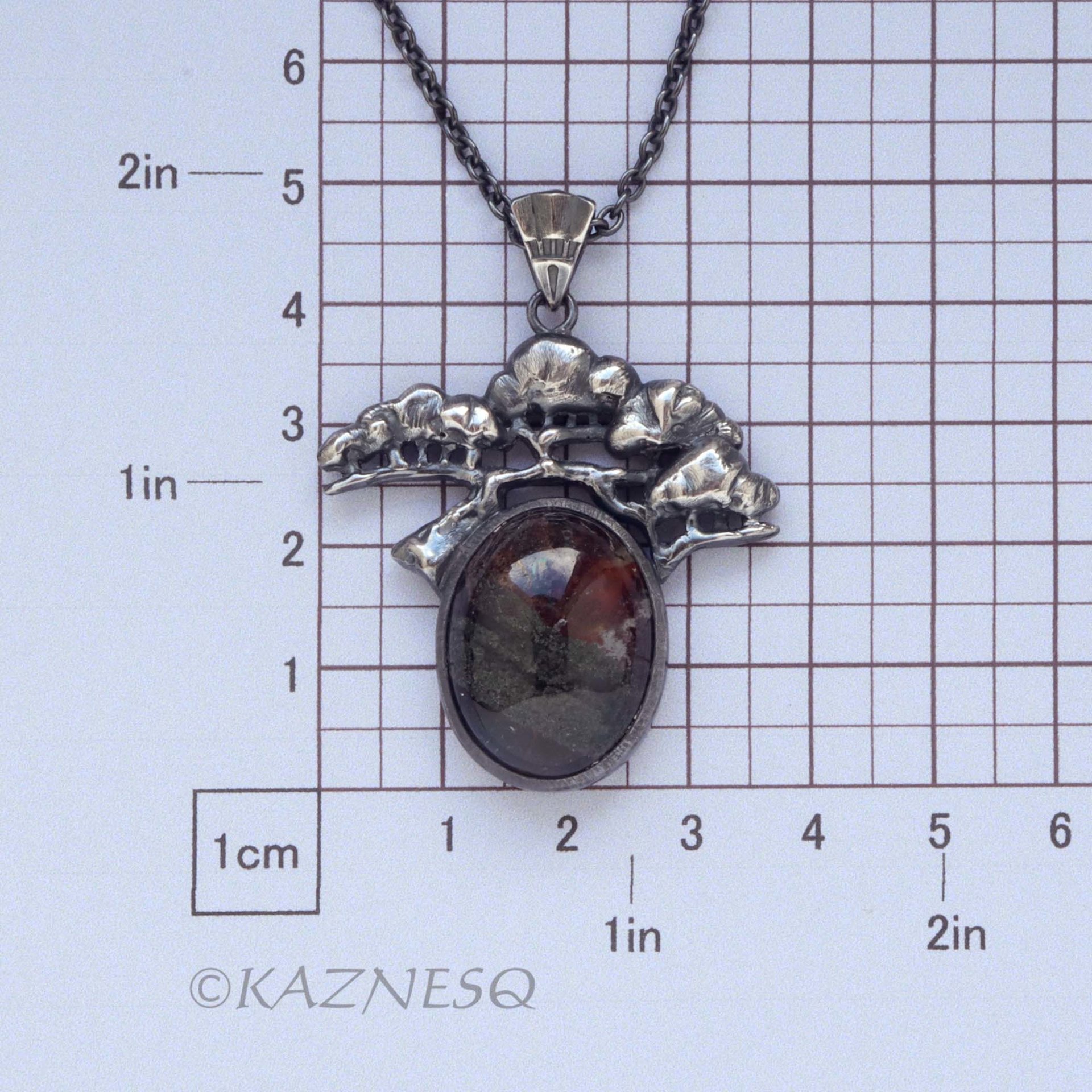 (C) KAZNESQ: Moss Agate Bonsai Pine Tree motif Oxidized Silver Pendant Necklace