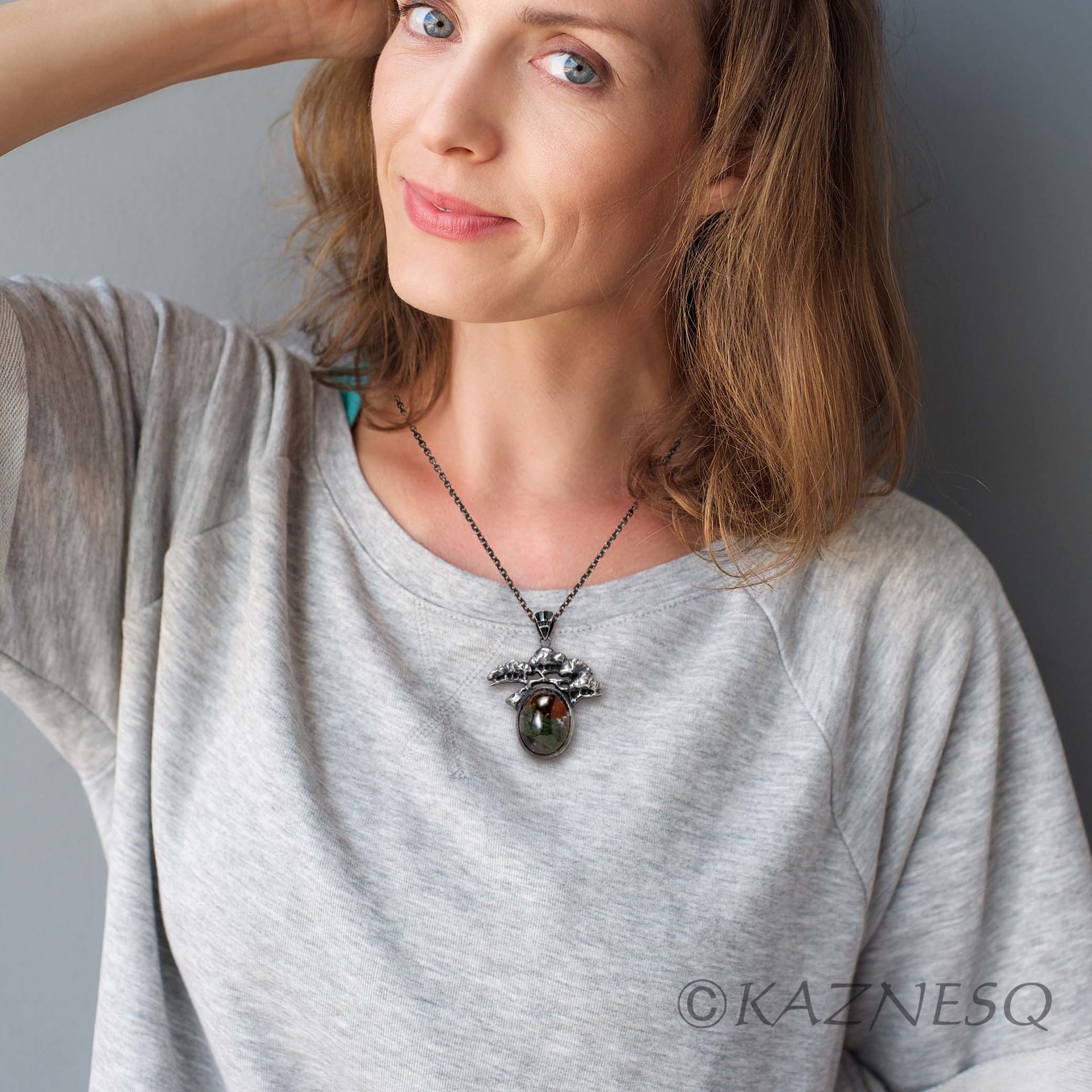 (C) KAZNESQ: Moss Agate Bonsai Pine Tree motif Oxidized Silver Pendant Necklace