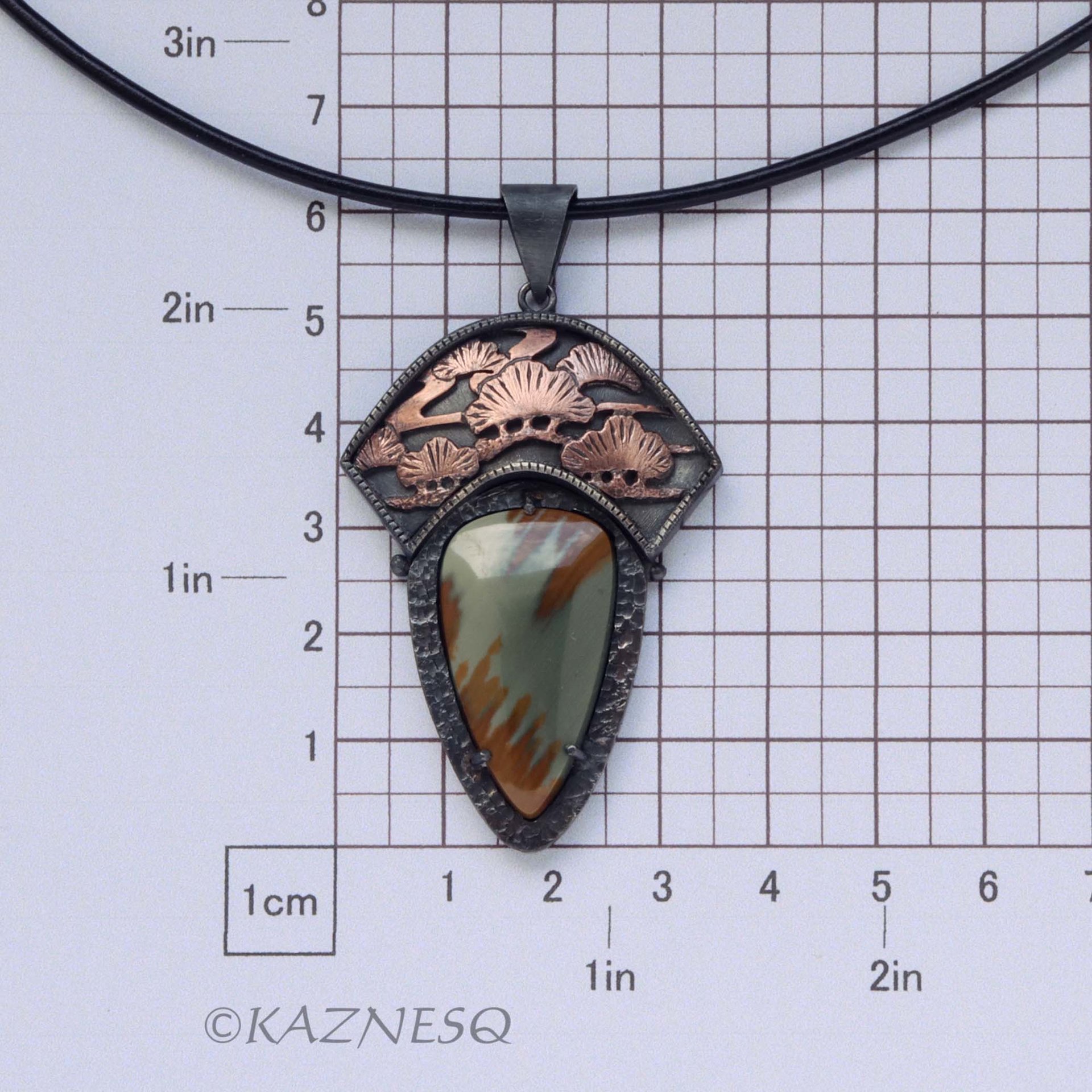 (C) KAZNESQ: Owyhee Picture Jasper and Copper Pine Tree Bonsai Oxidized Silver P