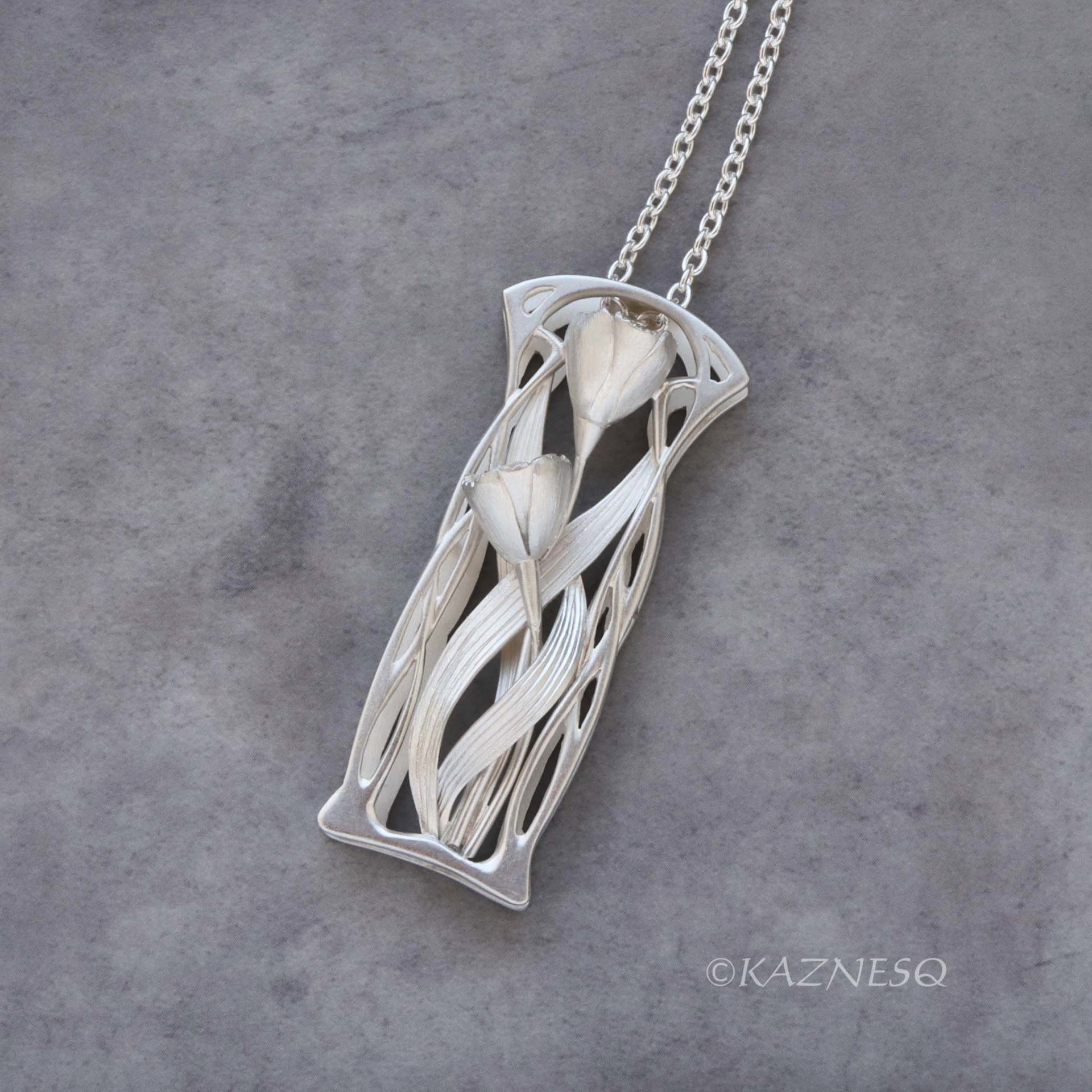 (C) KAZNESQ: Art Nouveau style mat finish silver floral pendant necklace with Ak