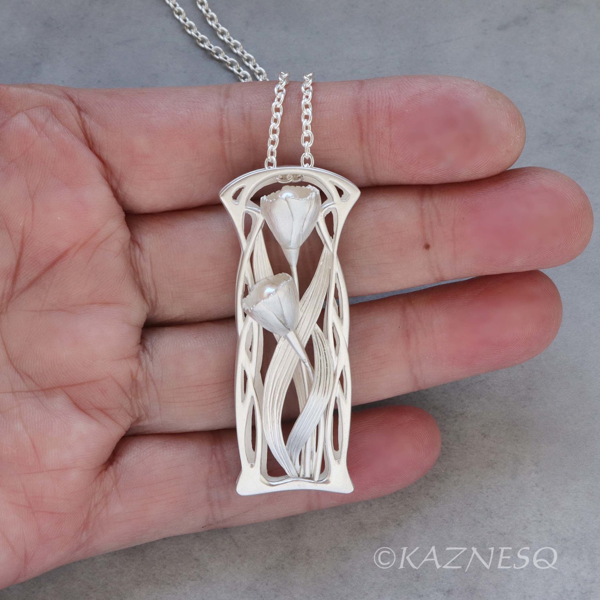 (C) KAZNESQ: Art Nouveau style mat finish silver floral pendant necklace with Ak