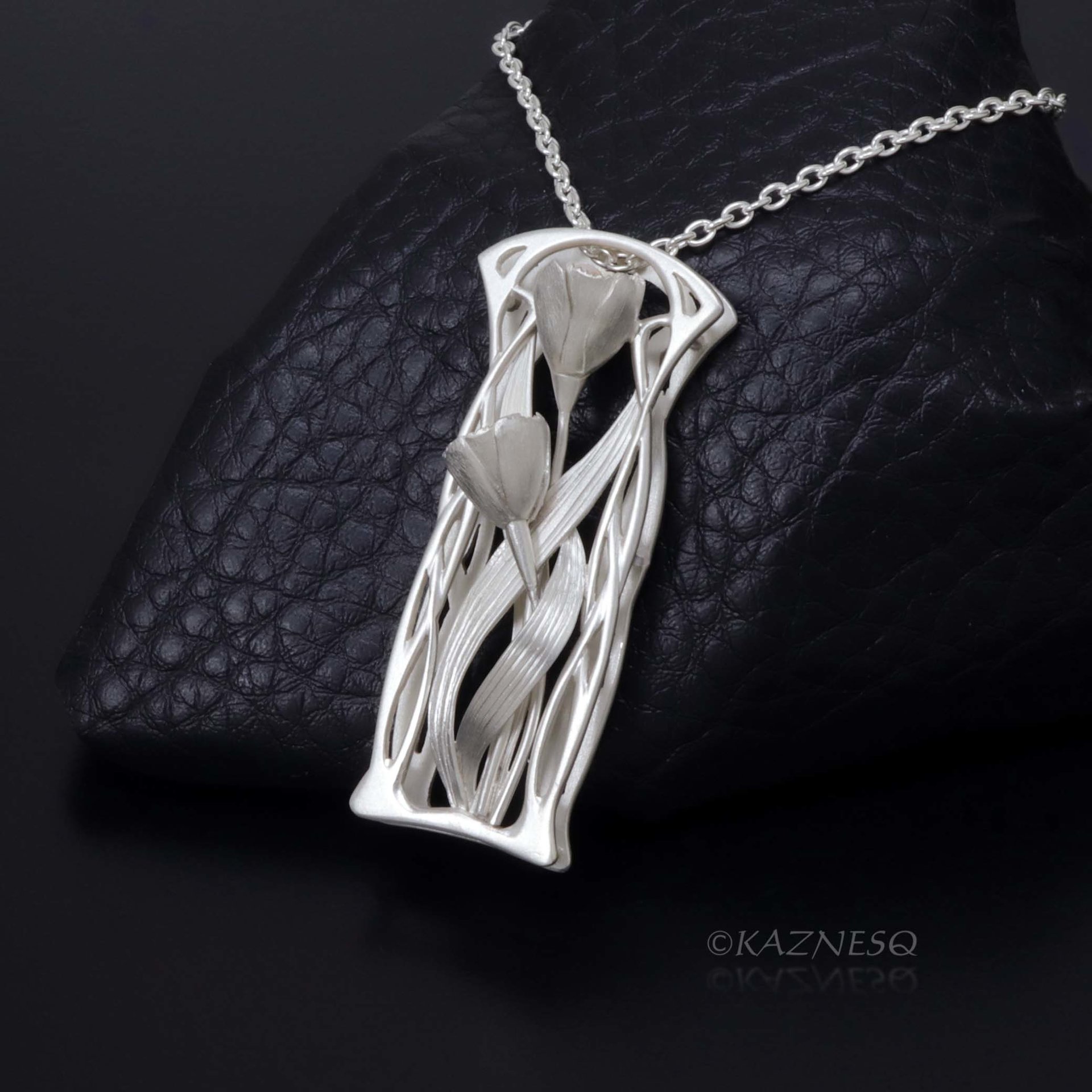 (C) KAZNESQ: Art Nouveau style mat finish silver floral pendant necklace with Ak