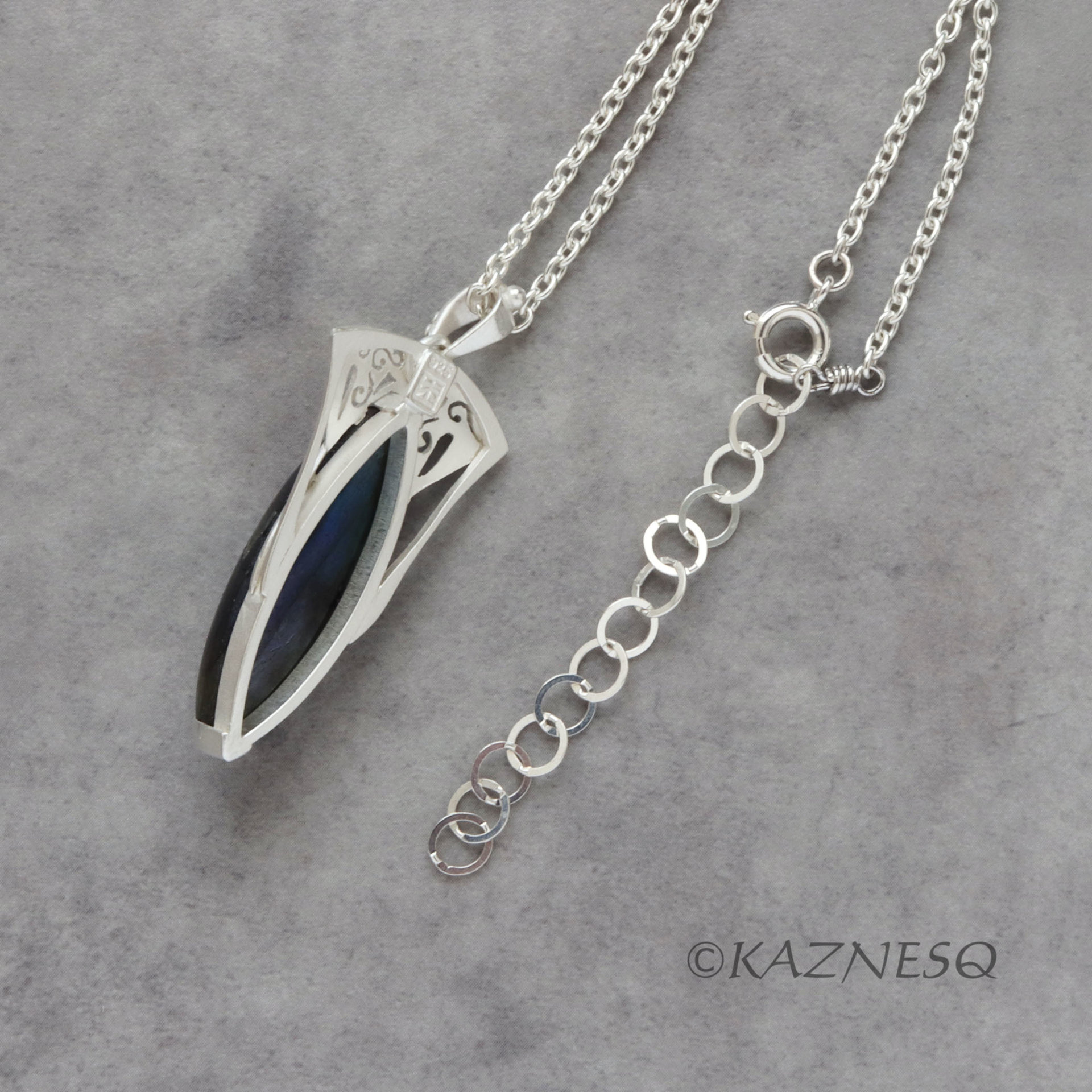 (C) KAZNESQ: Blue Marquise Labradorite Art Nouveau Openwork Silver Pendant Neckl