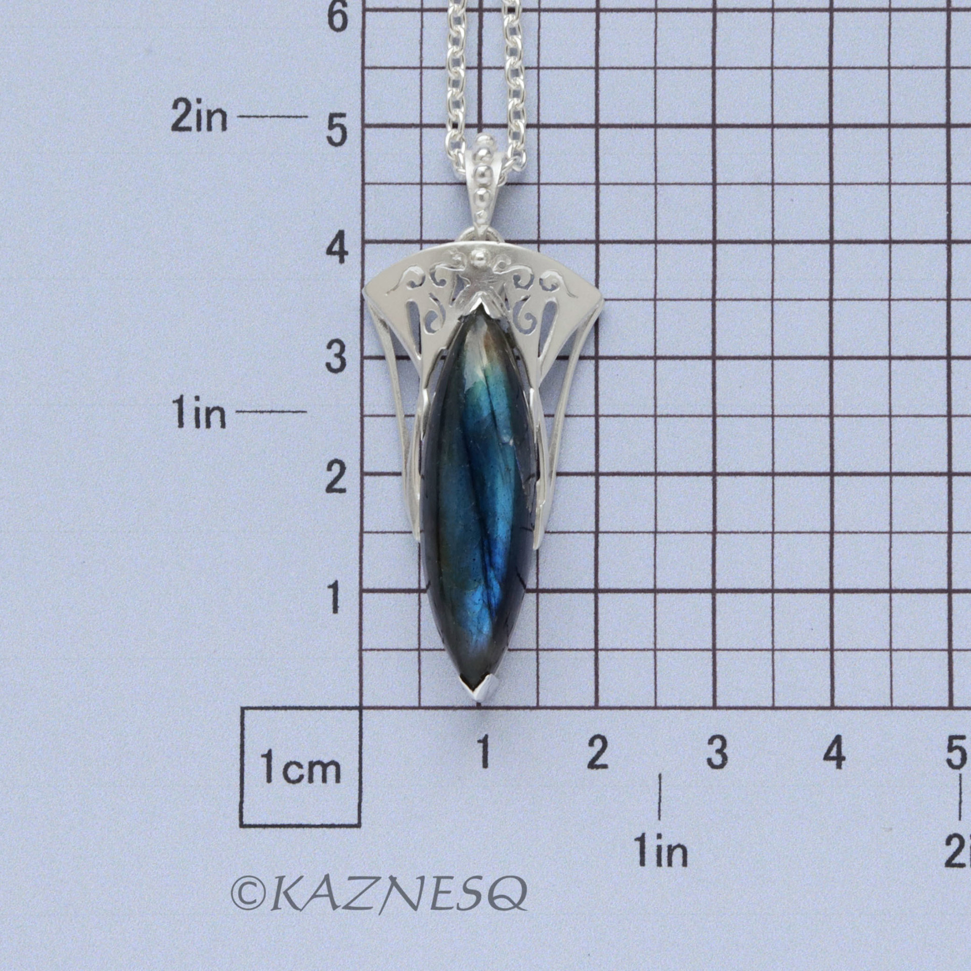 (C) KAZNESQ: Blue Marquise Labradorite Art Nouveau Openwork Silver Pendant Neckl