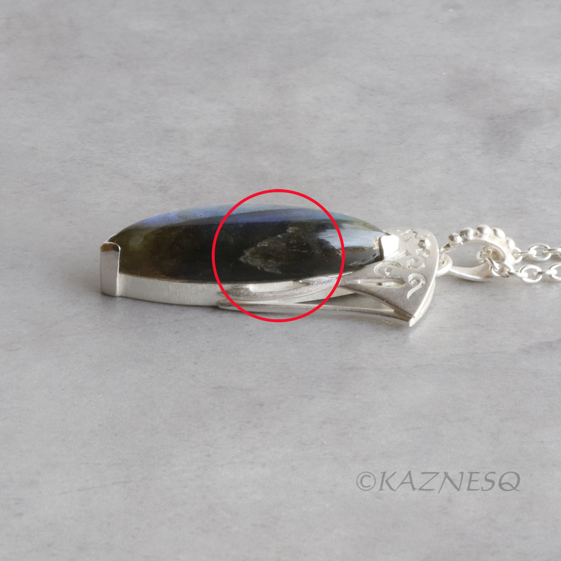 (C) KAZNESQ: Blue Marquise Labradorite Art Nouveau Openwork Silver Pendant Neckl