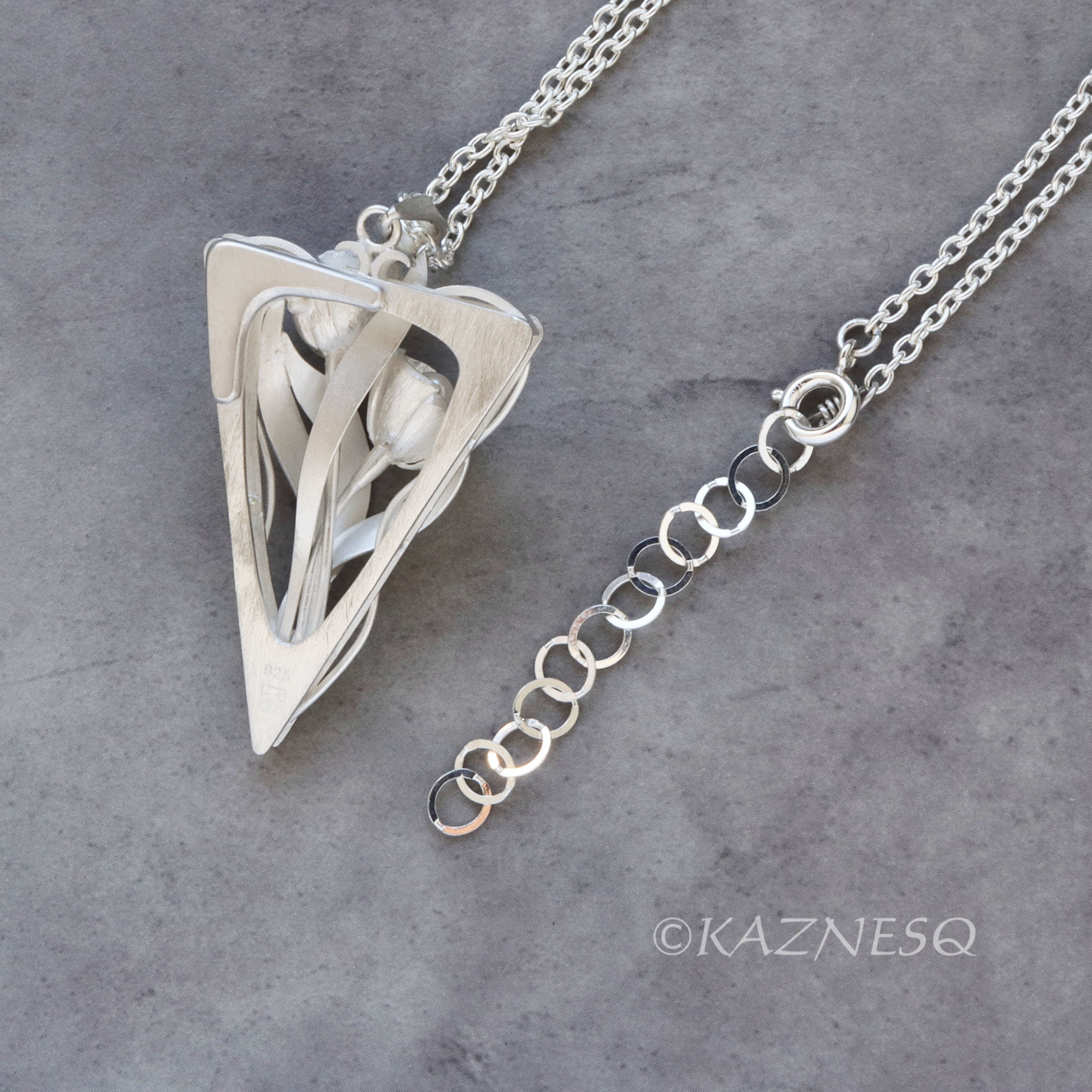 (C) KAZNESQ: Art Nouveau style Floral triangle silver pendant with Akoya Pearls.