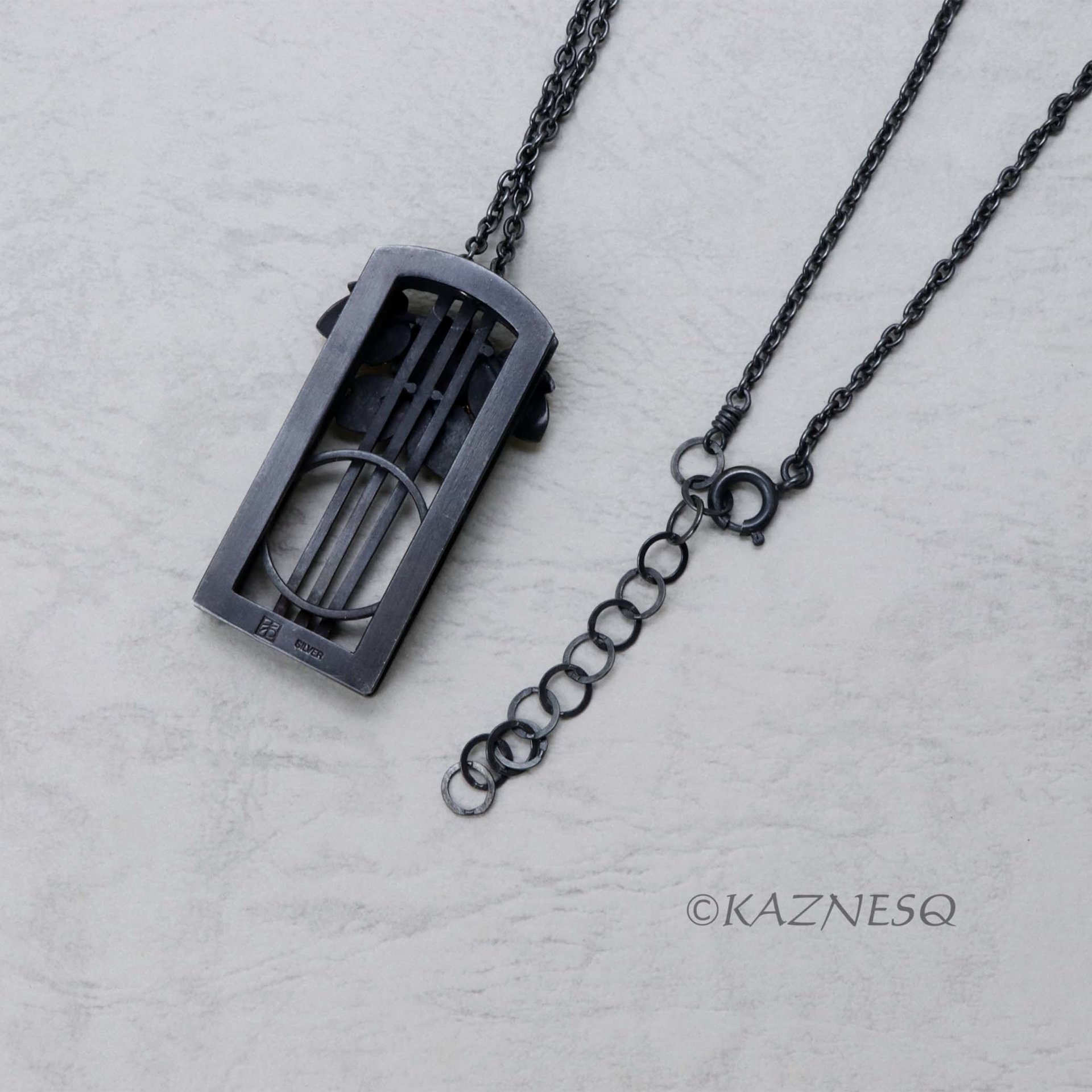 (C) KAZNESQ: Art Deco Style Leaf Motif Oxidized Silver Pendant Necklace with Keu