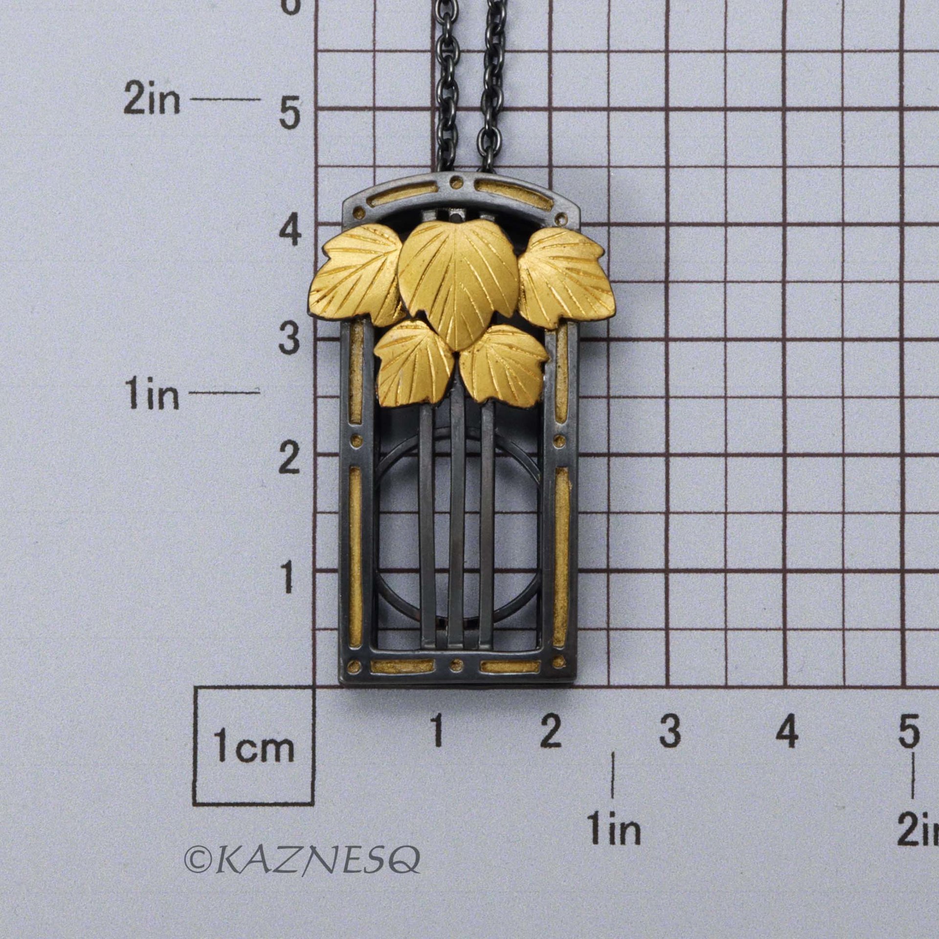 (C) KAZNESQ: Art Deco Style Leaf Motif Oxidized Silver Pendant Necklace with Keu