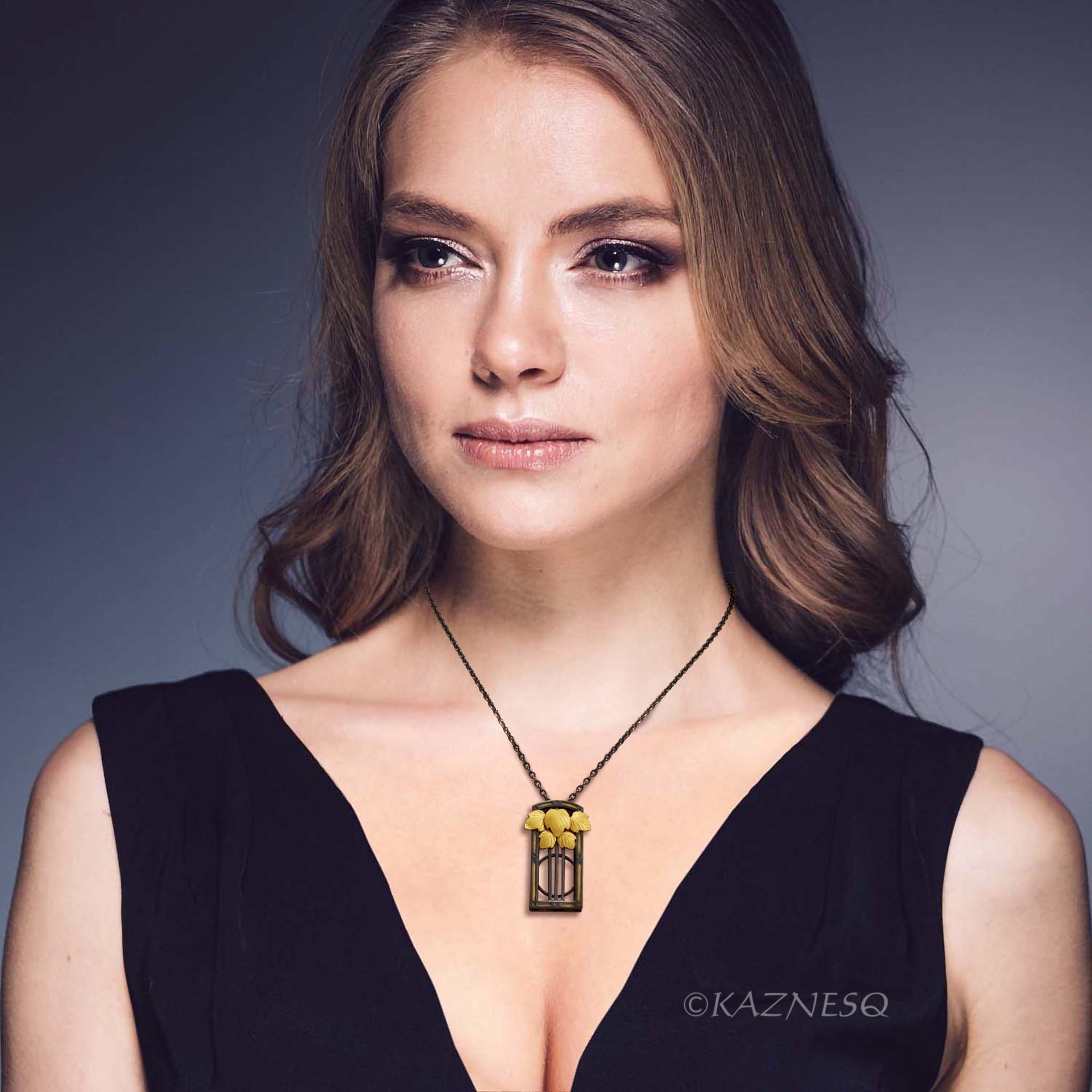 (C) KAZNESQ: Art Deco Style Leaf Motif Oxidized Silver Pendant Necklace with Keu