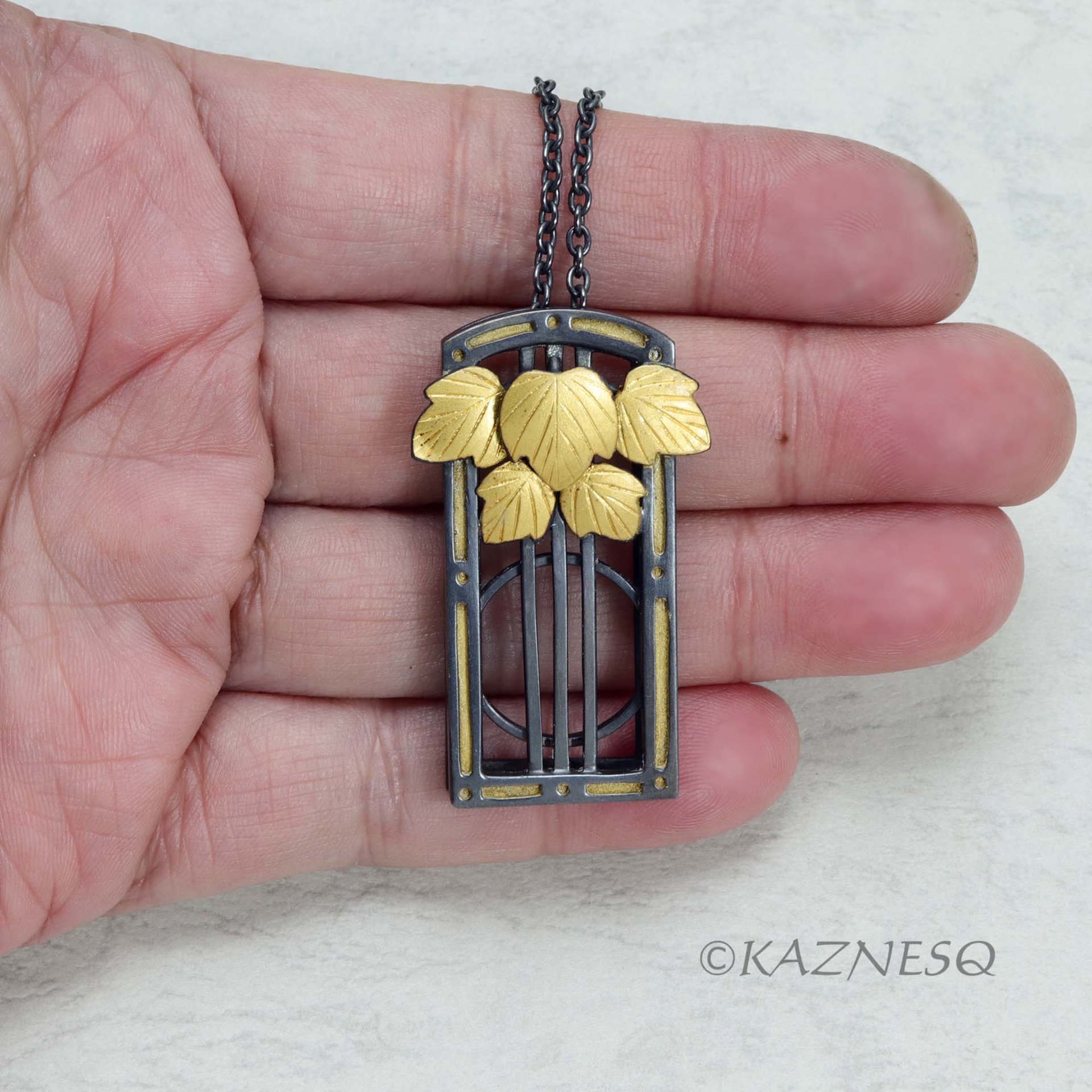 (C) KAZNESQ: Art Deco Style Leaf Motif Oxidized Silver Pendant Necklace with Keu