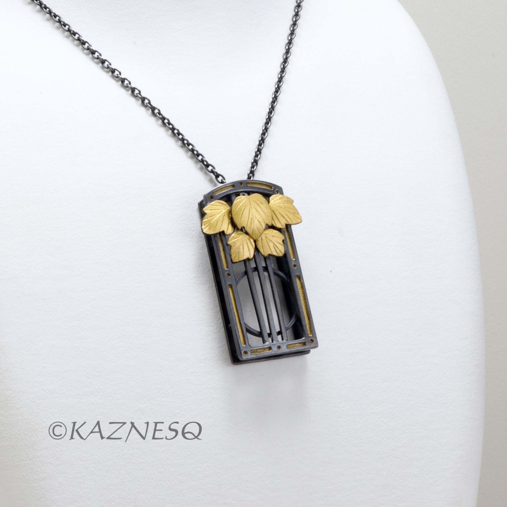 (C) KAZNESQ: Art Deco Style Leaf Motif Oxidized Silver Pendant Necklace with Keu