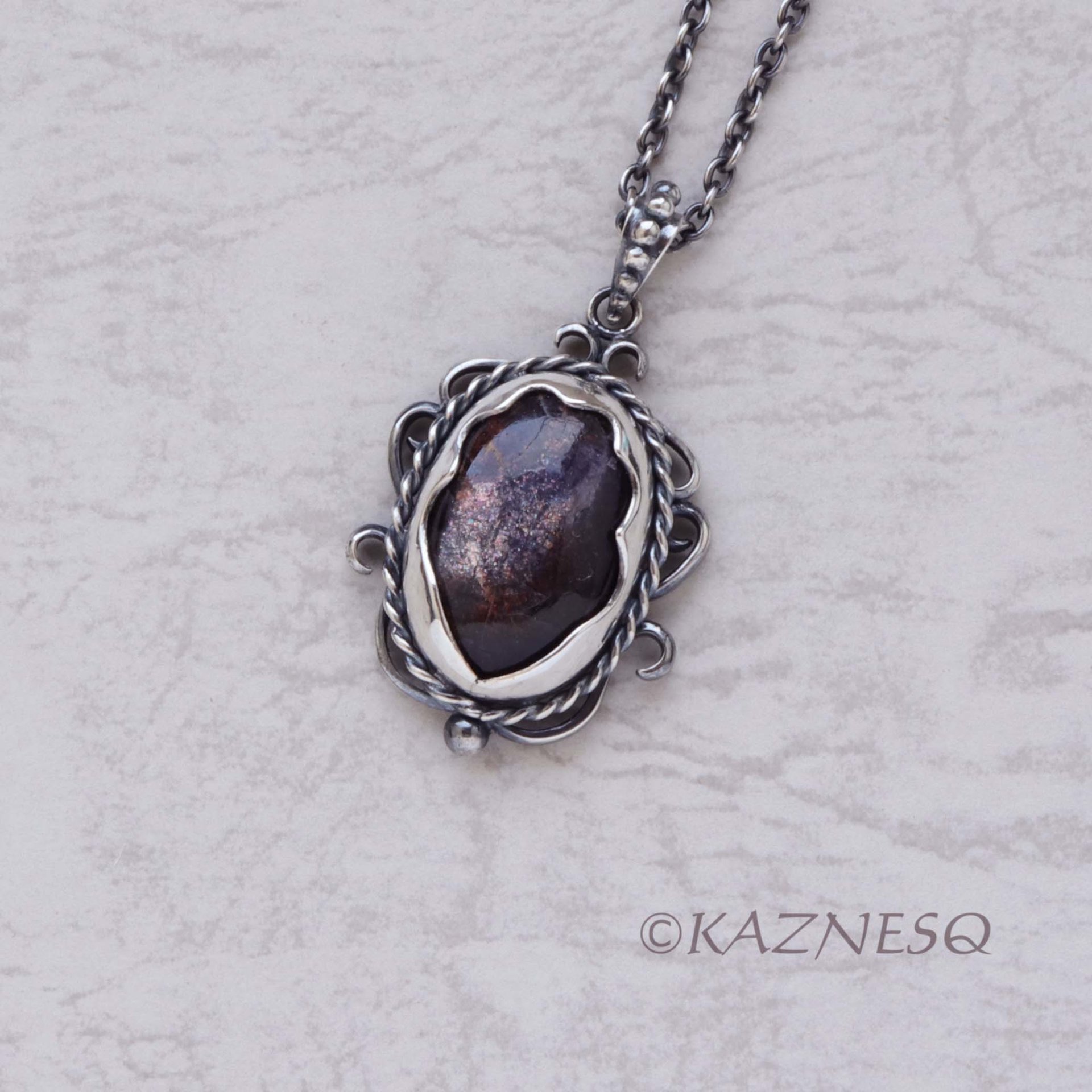 (C) KAZNESQ: Iolite Sunstone oxidized silver filigree and scrolls pendant neckla