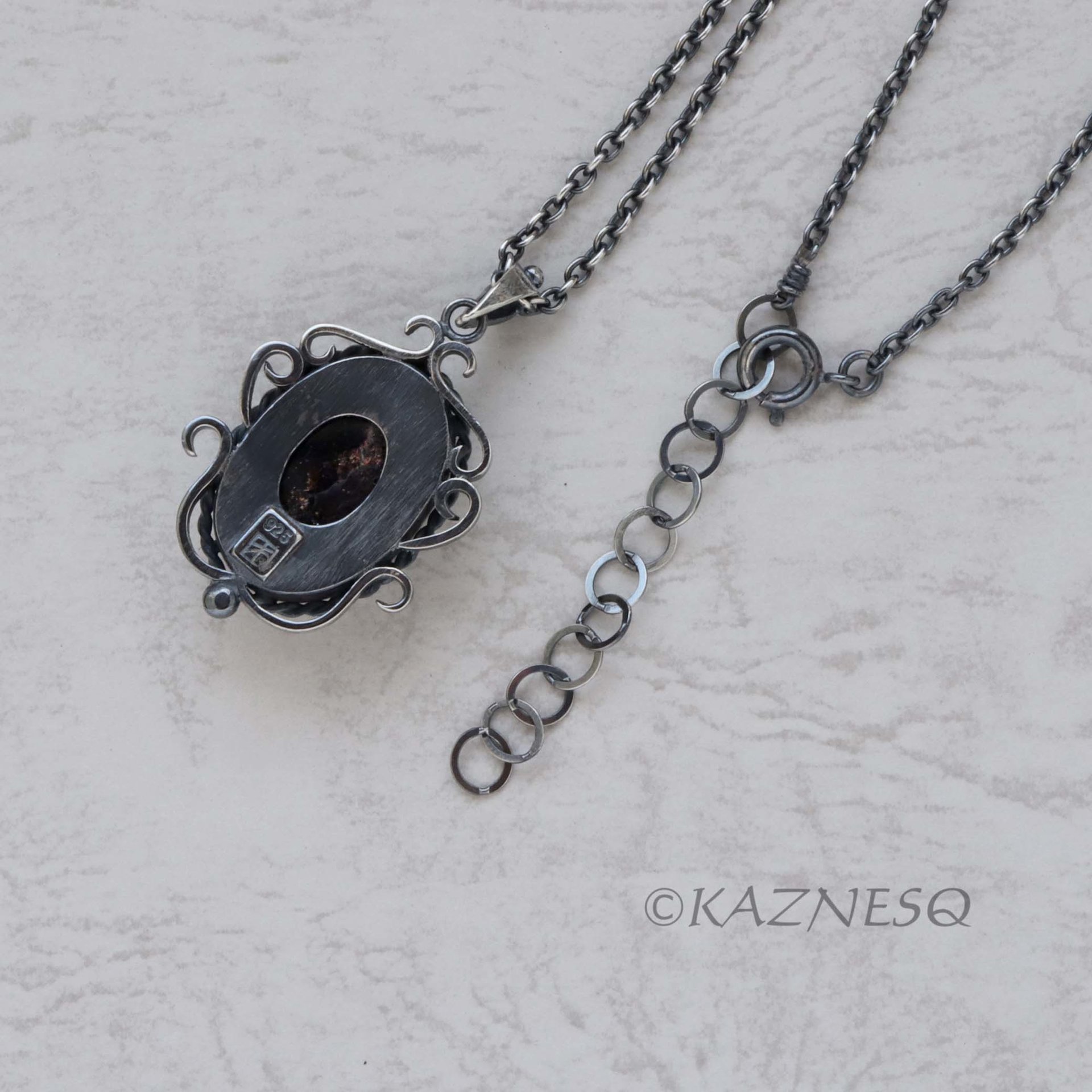 (C) KAZNESQ: Iolite Sunstone oxidized silver filigree and scrolls pendant neckla