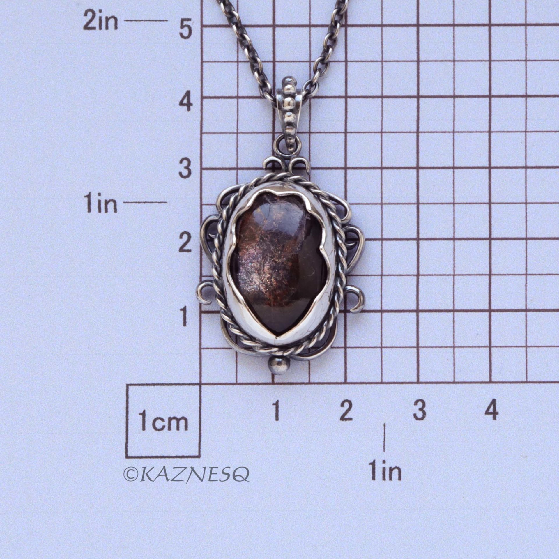 (C) KAZNESQ: Iolite Sunstone oxidized silver filigree and scrolls pendant neckla