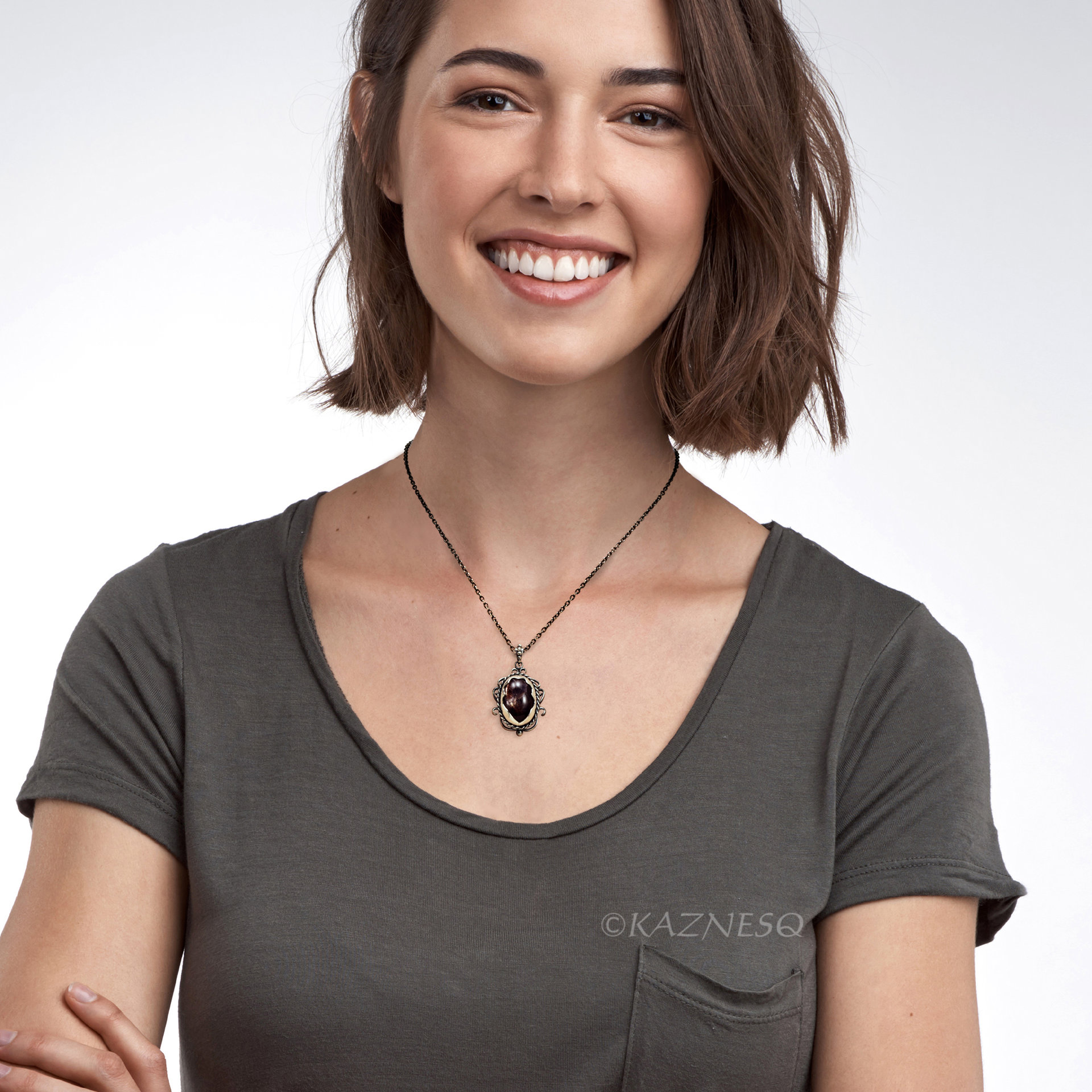 (C) KAZNESQ: Iolite Sunstone oxidized silver filigree and scrolls pendant neckla