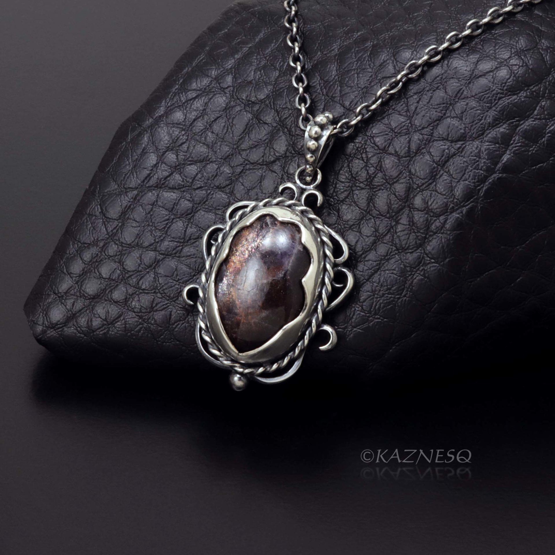 (C) KAZNESQ: Iolite Sunstone oxidized silver filigree and scrolls pendant neckla