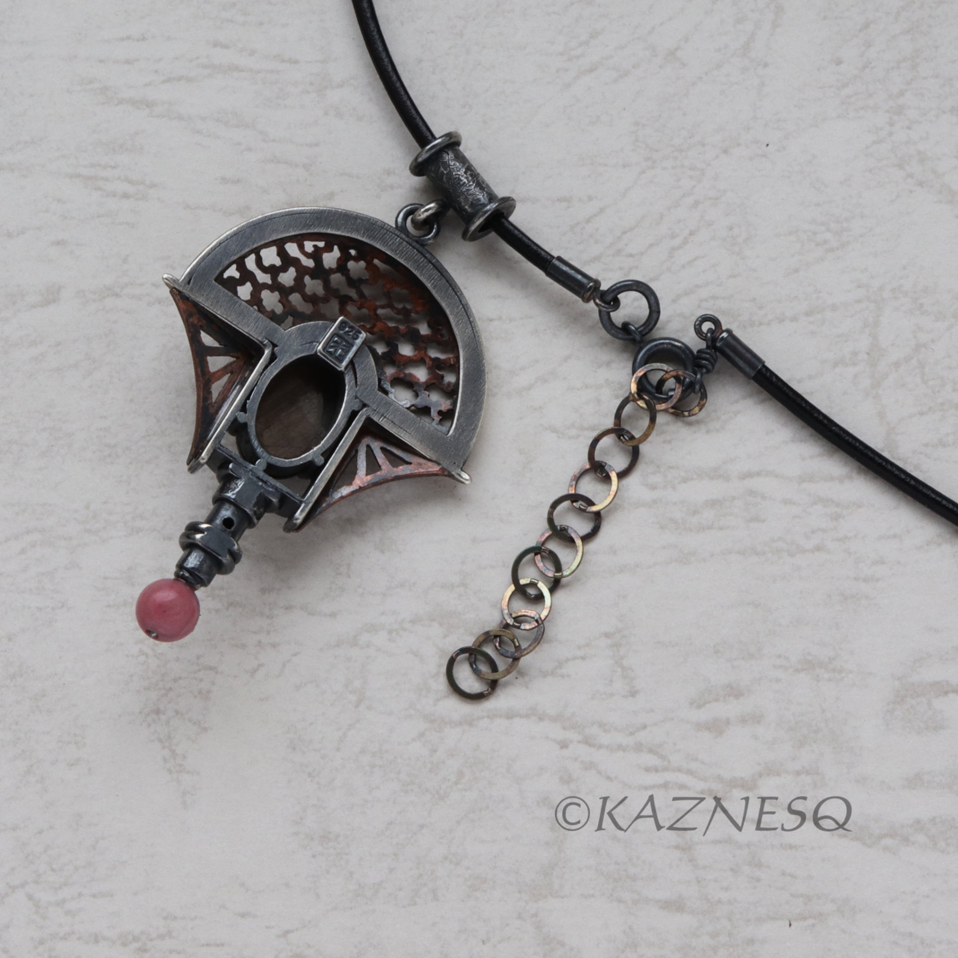 (C) KAZNESQ: Lucky Cloud pattern Copper and Oxidized Silver Pendant with a Black