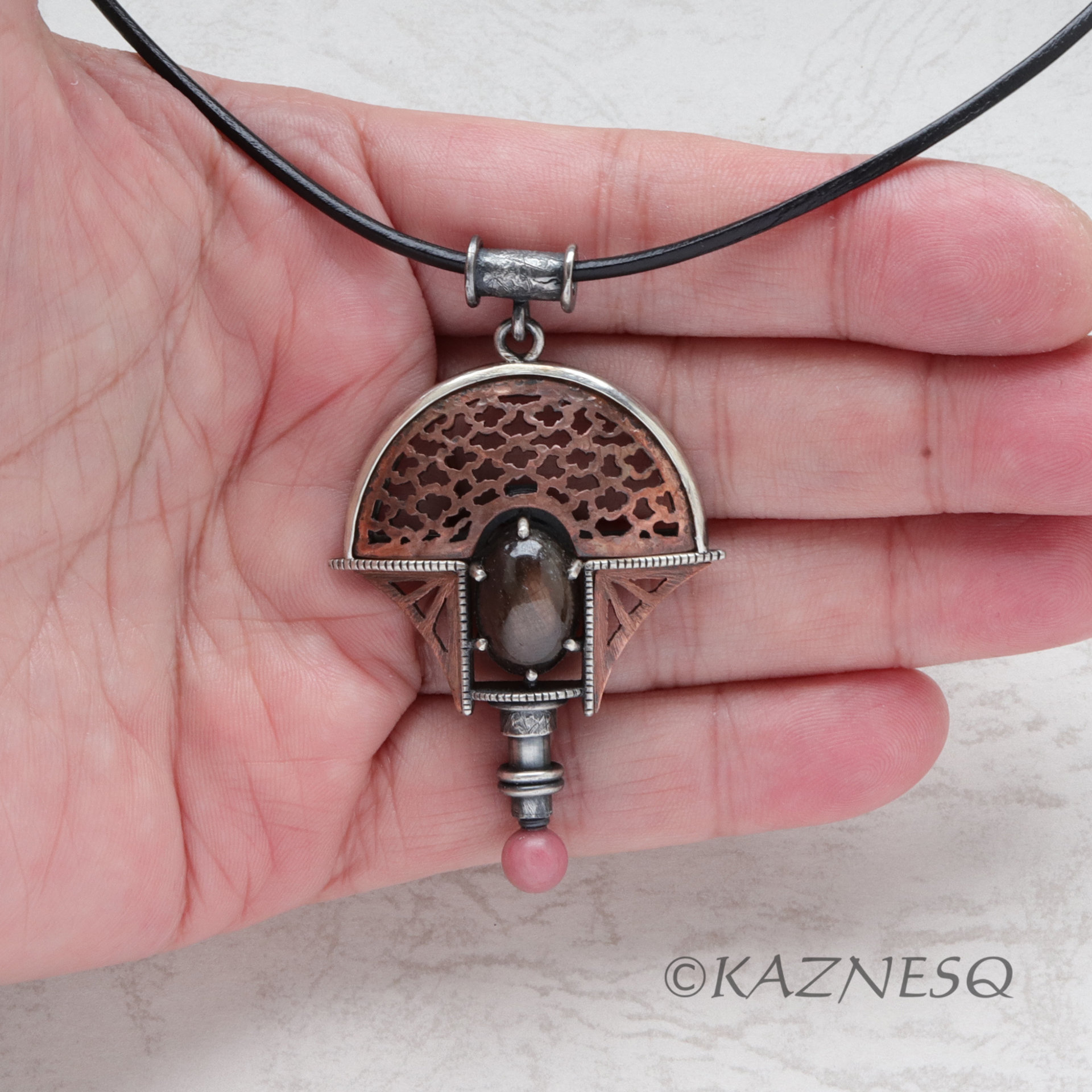 (C) KAZNESQ: Lucky Cloud pattern Copper and Oxidized Silver Pendant with a Black