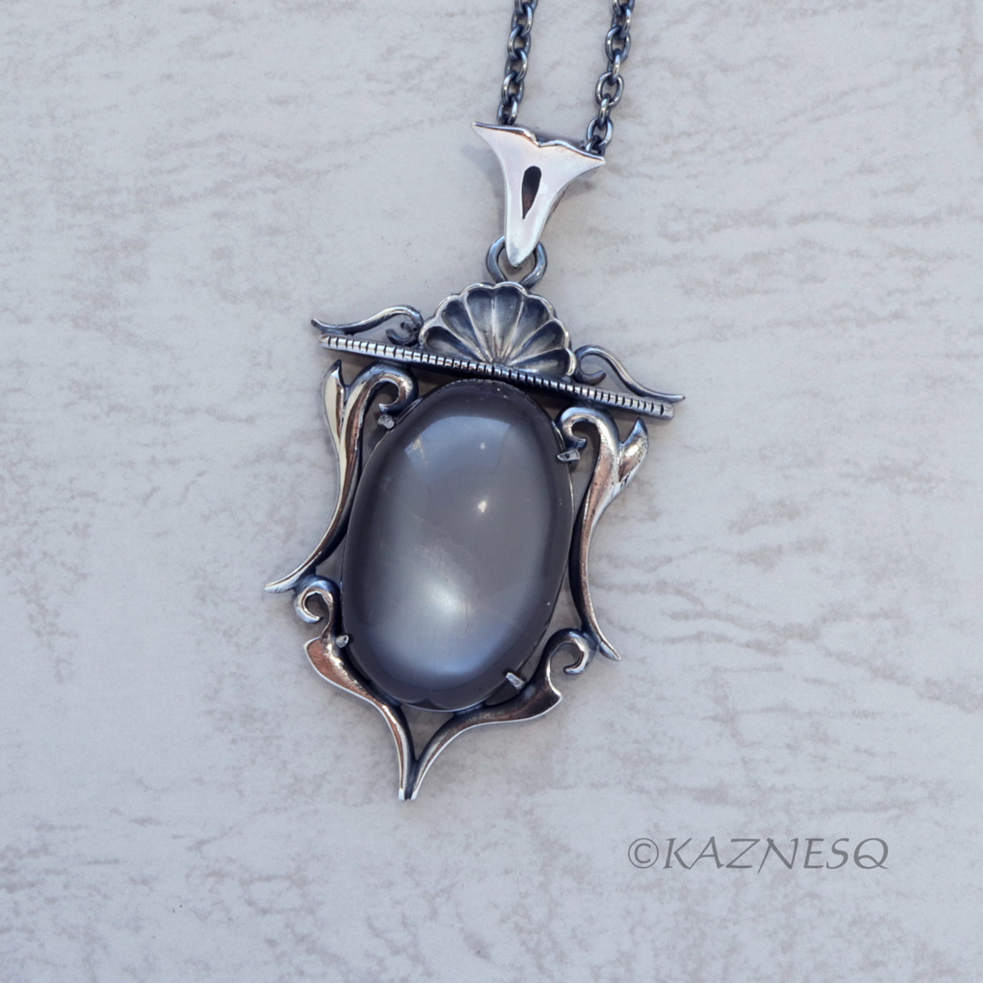 (C) KAZNESQ: African Moonstone Goth style Oxidized Silver Pendant Necklace
