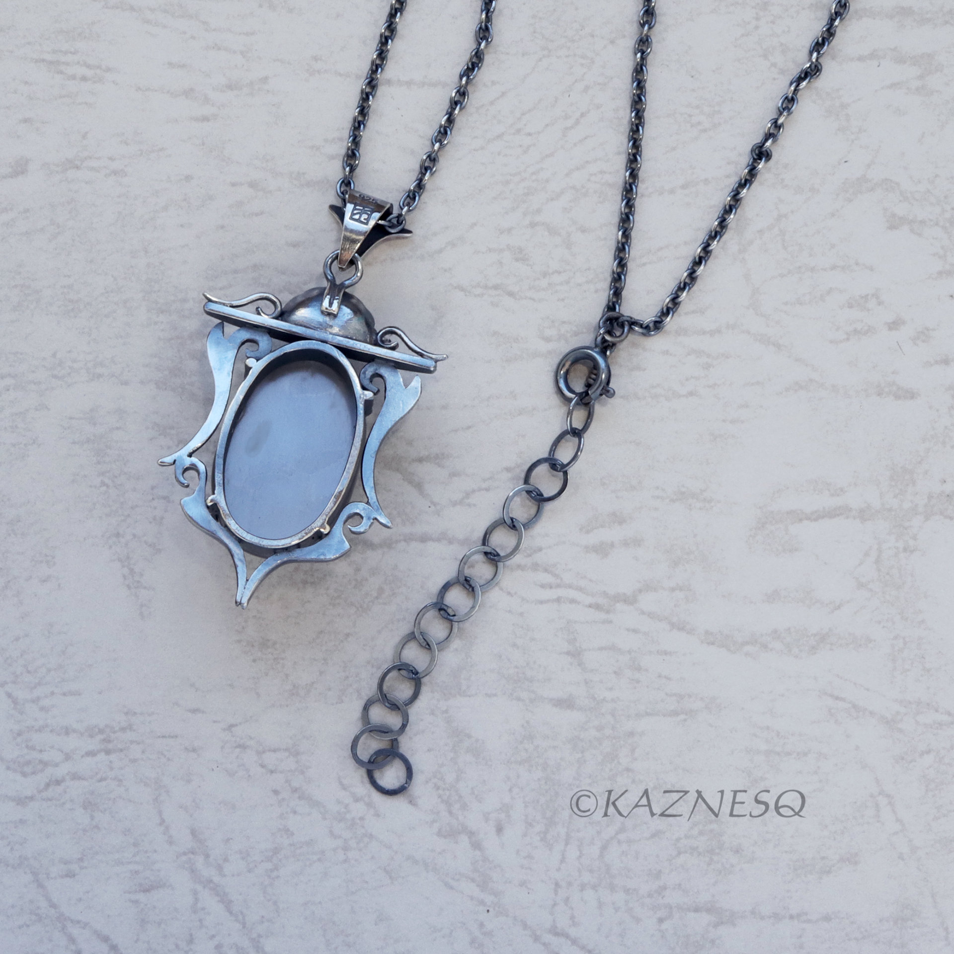 (C) KAZNESQ: African Moonstone Goth style Oxidized Silver Pendant Necklace