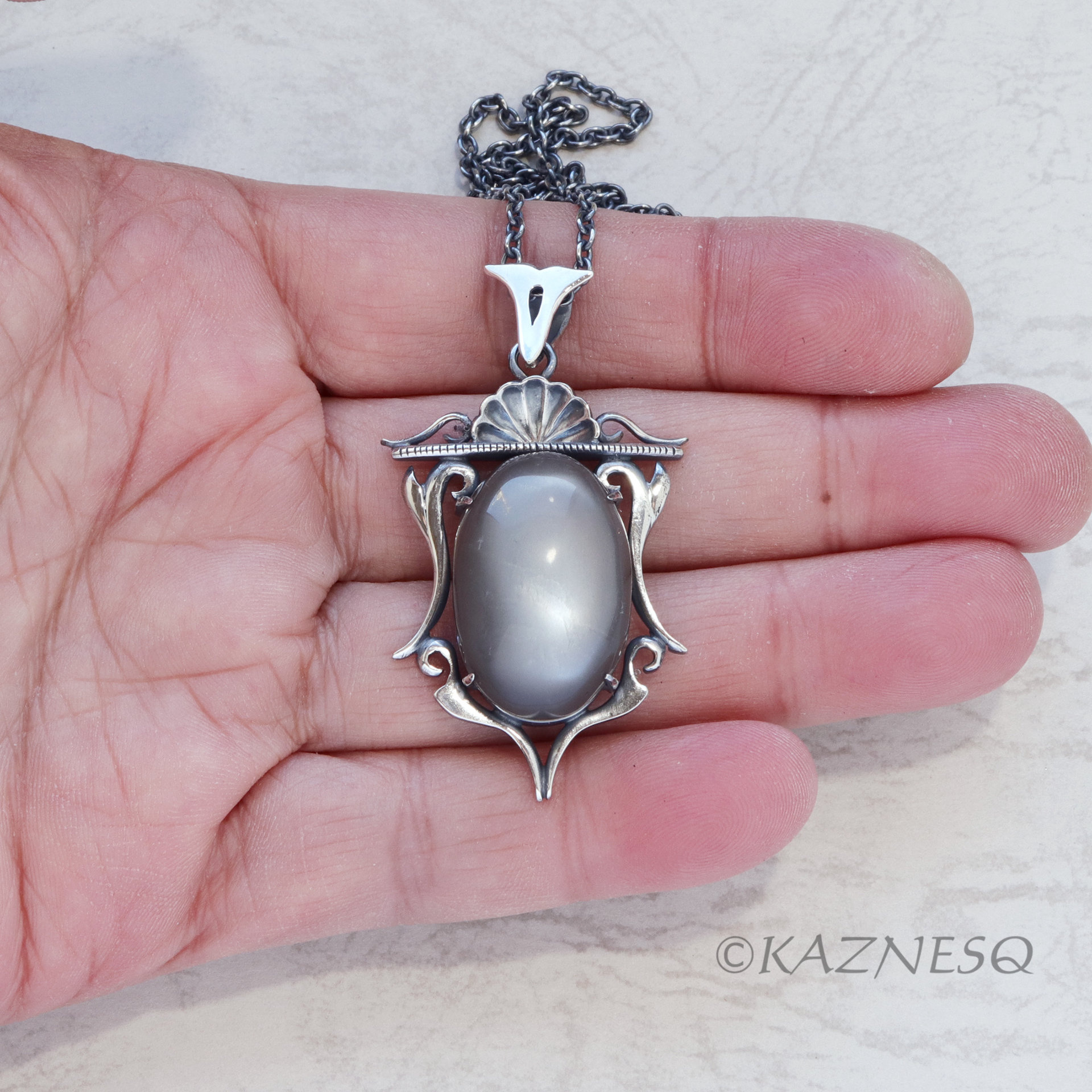 (C) KAZNESQ: African Moonstone Goth style Oxidized Silver Pendant Necklace