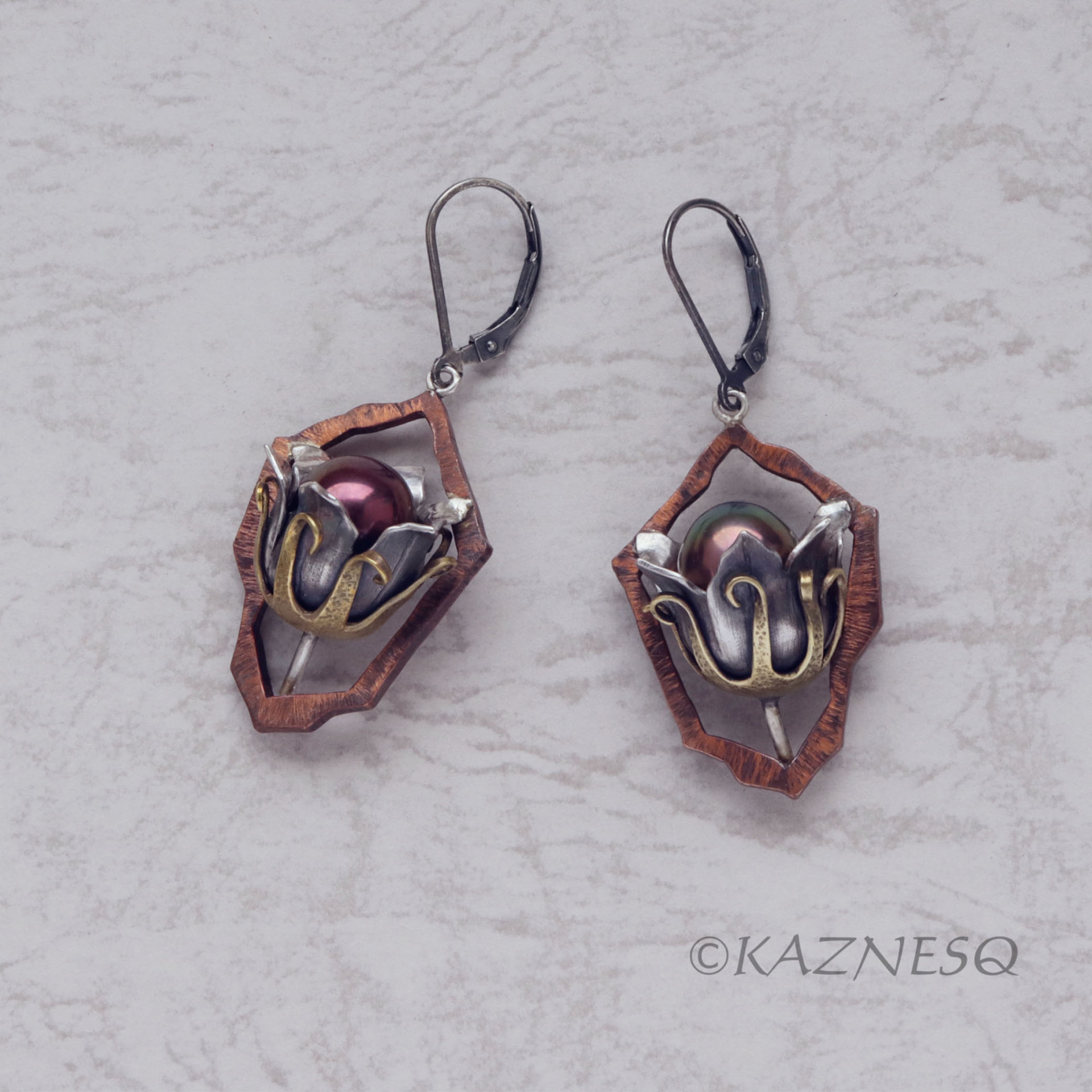 (C) KAZNESQ: Wild Seed Pod Earrings of Silver Copper and Freshwater Pearls