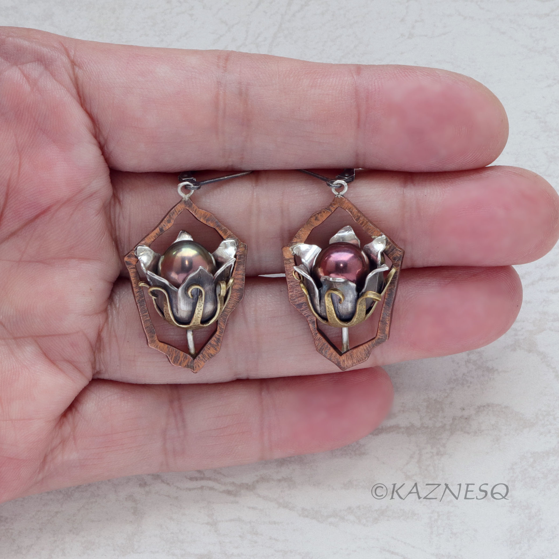 (C) KAZNESQ: Wild Seed Pod Earrings of Silver Copper and Freshwater Pearls