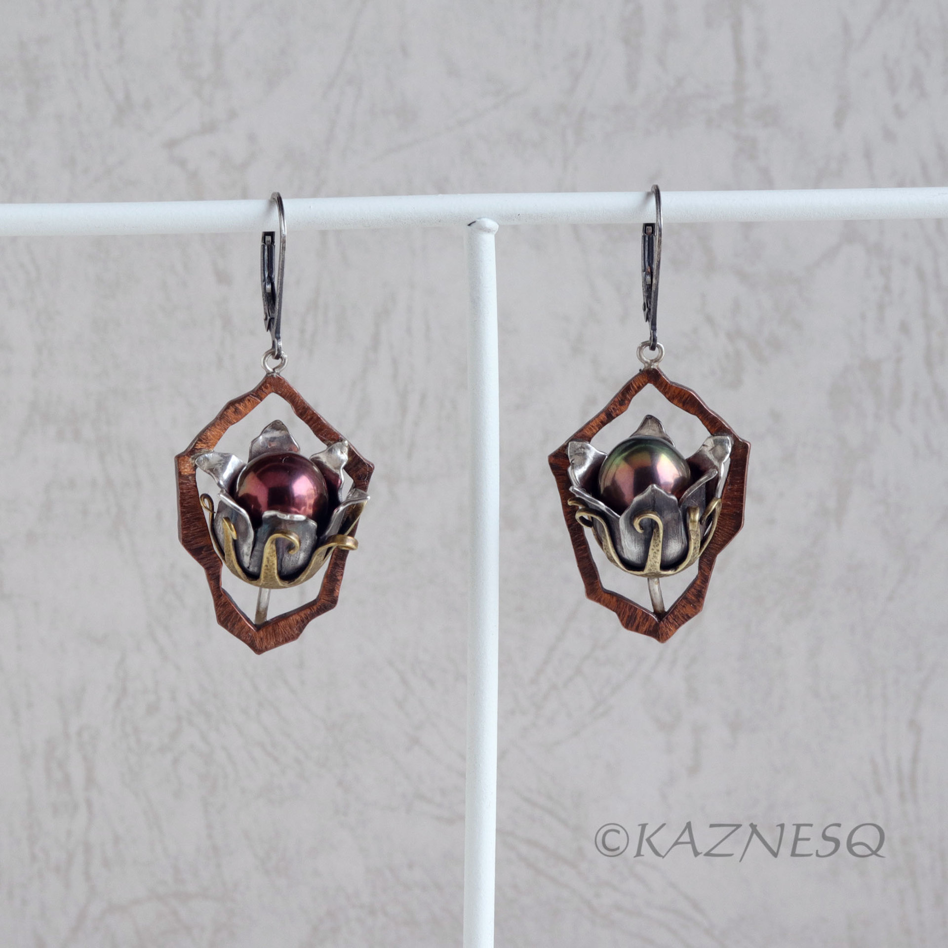 (C) KAZNESQ: Wild Seed Pod Earrings of Silver Copper and Freshwater Pearls