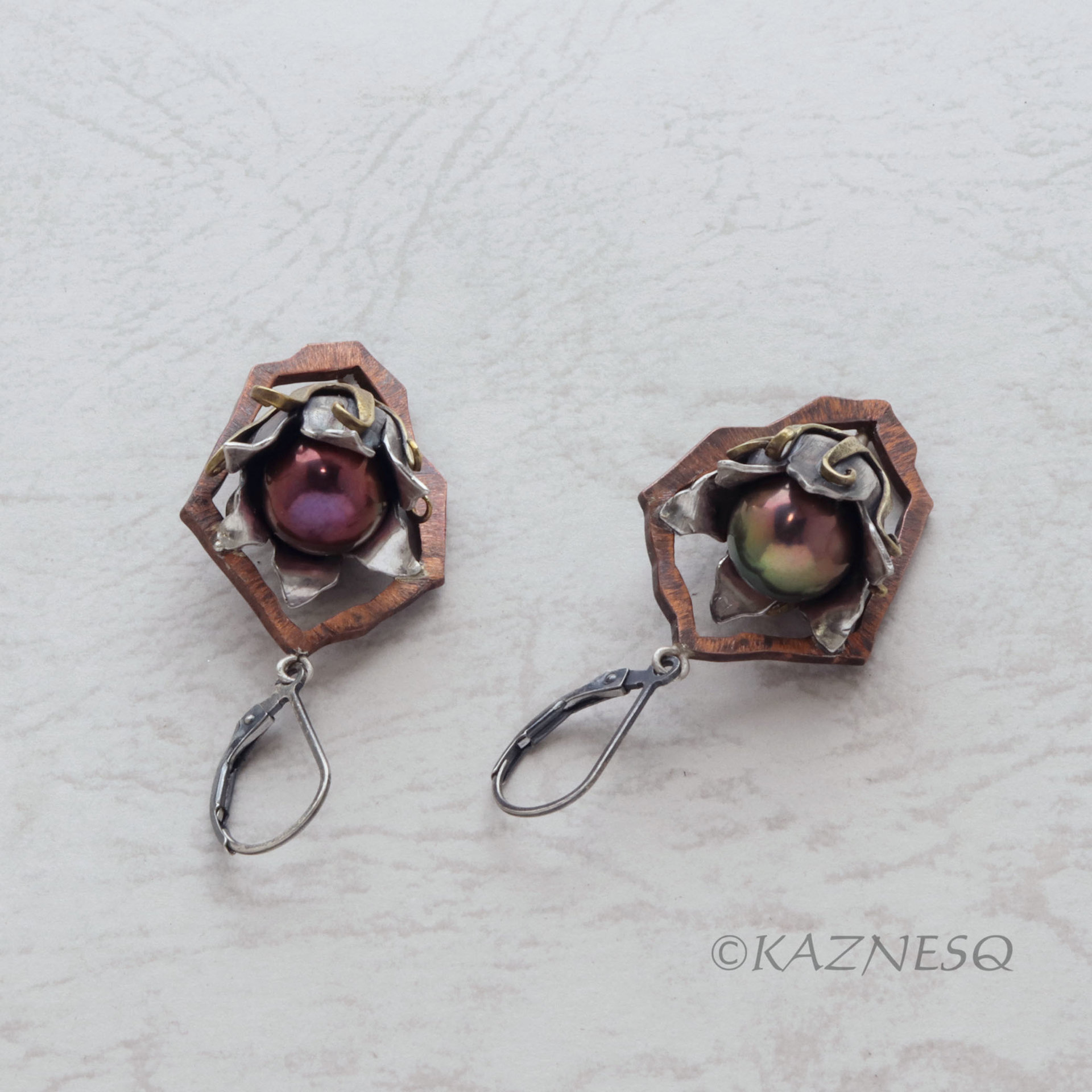 (C) KAZNESQ: Wild Seed Pod Earrings of Silver Copper and Freshwater Pearls