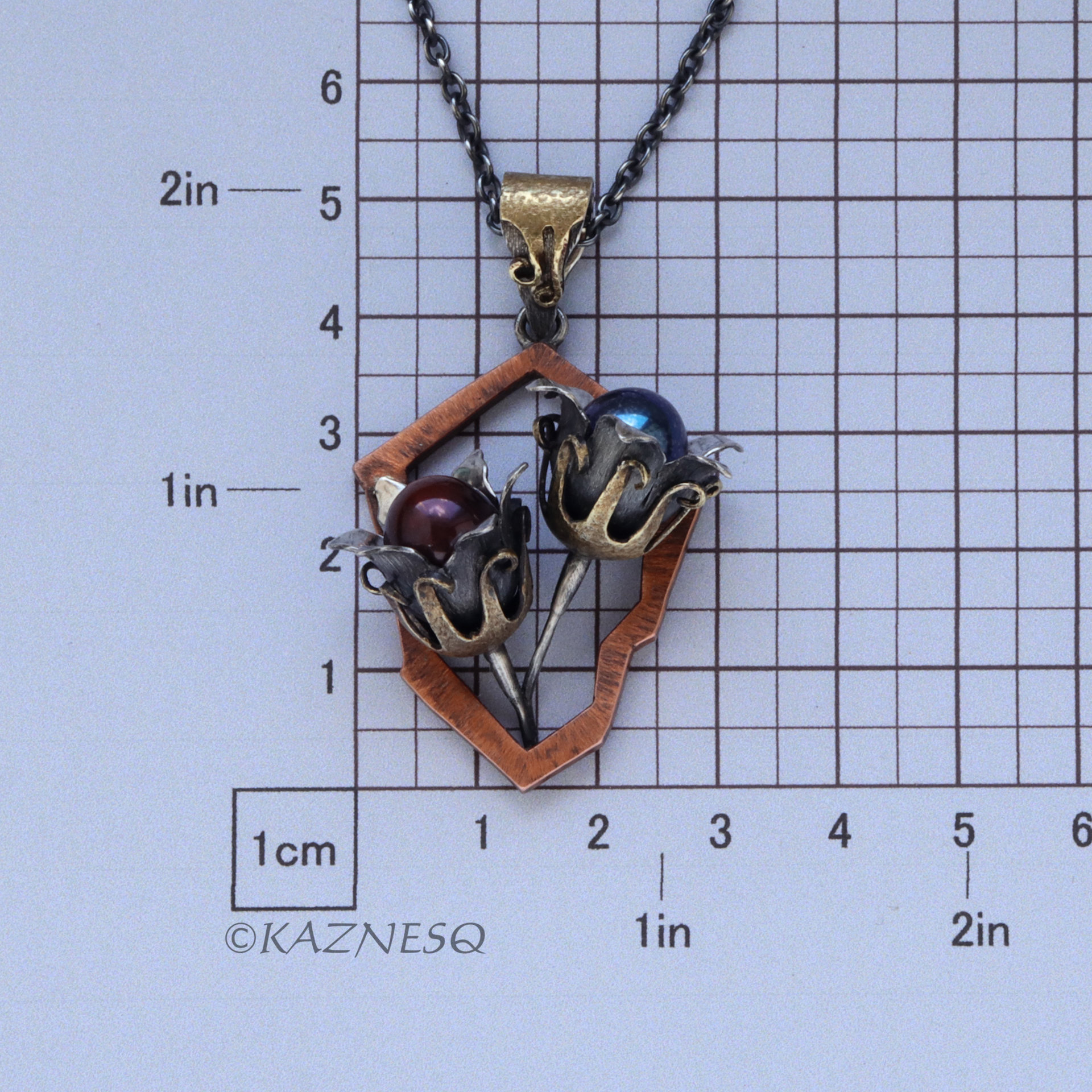 (C) KAZNESQ:Wild Seed Pod Pendant Necklace of Silver Copper and Freshwater Pearl