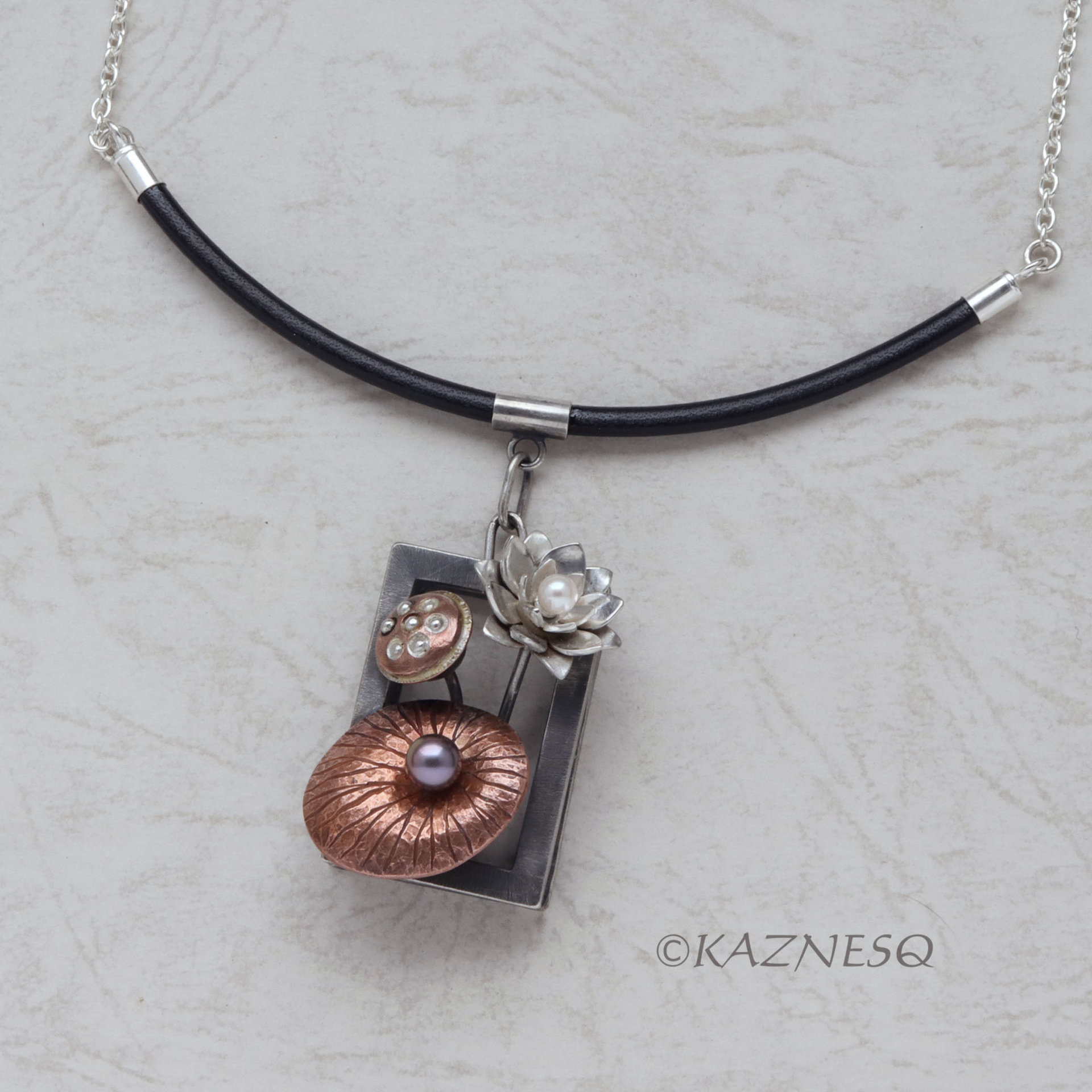 (C) KAZNESQ: Lotus motif silver and copper pendant necklace with pearls, flower,