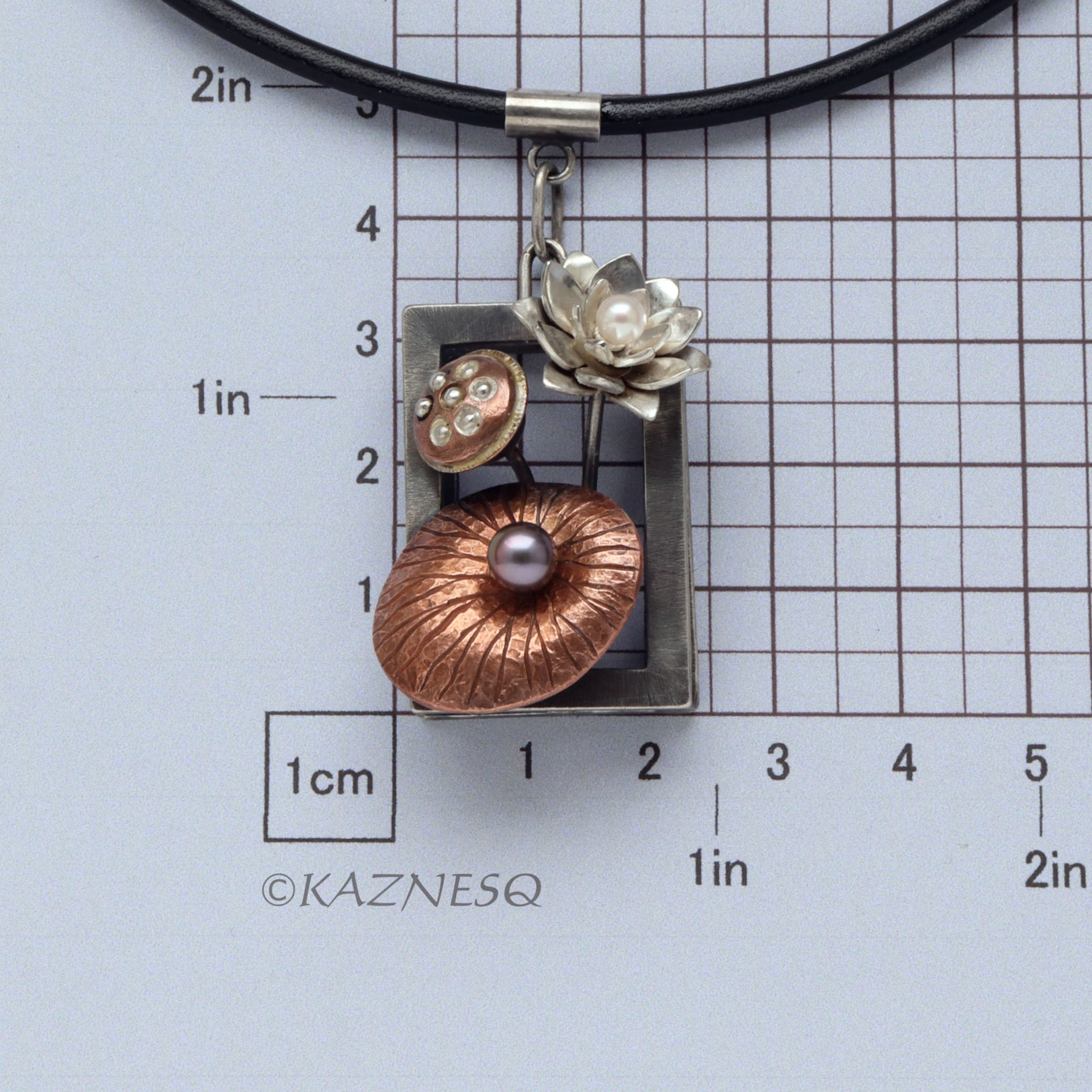 (C) KAZNESQ: Lotus motif silver and copper pendant necklace with pearls, flower,